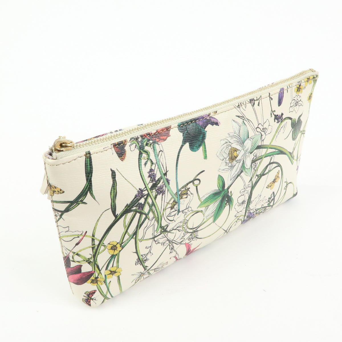Gucci Bamboo Zip Pouch Flora Leather Beige Leather Clutche & Pouche Bag (Pre-Owned)