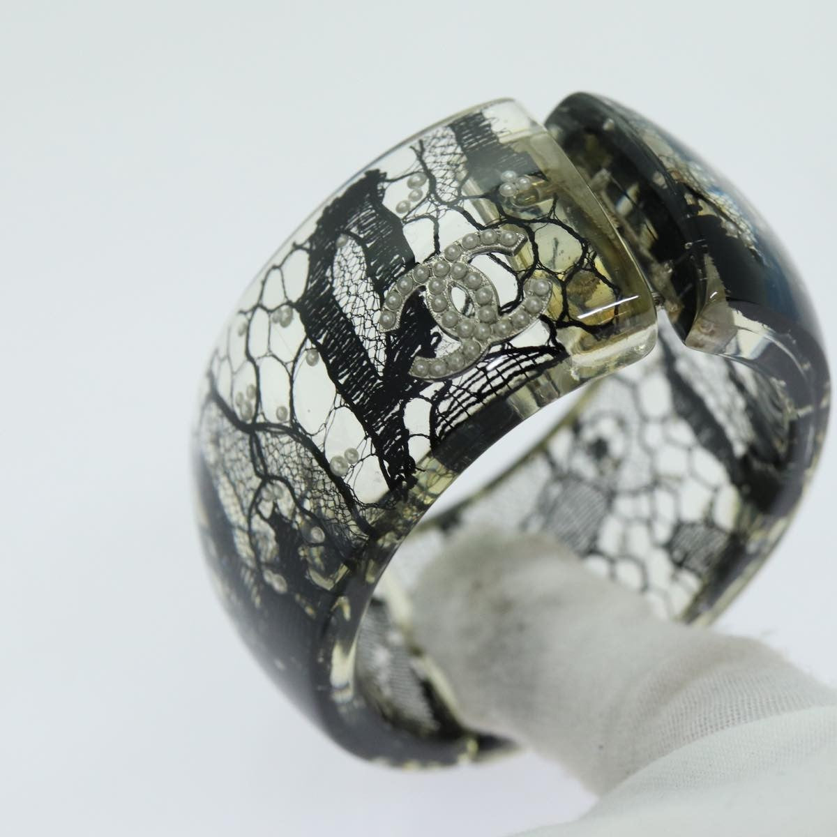 Chanel Cc Hinged Bangle Resin With Lace And Faux Pearls Black Plastic Bracelet Jewelry (Pre-Owned)