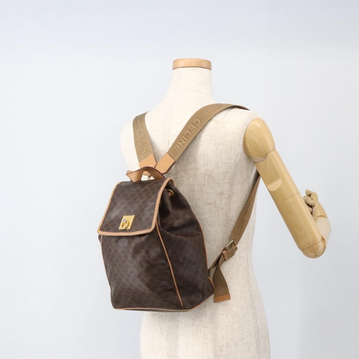Celine Vintage Drawstring Flap Macadam Coated Canvas Brown Canvas Backpack Bag (Pre-Owned)