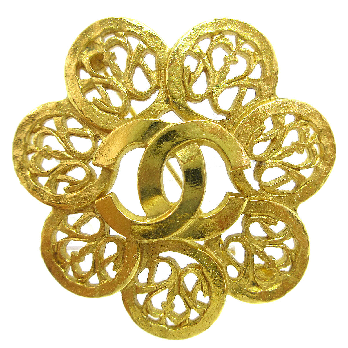 Chanel Vintage Cc Flower Textured Metal Gold Gold_Plated Brooch Jewelry (Pre-Owned)
