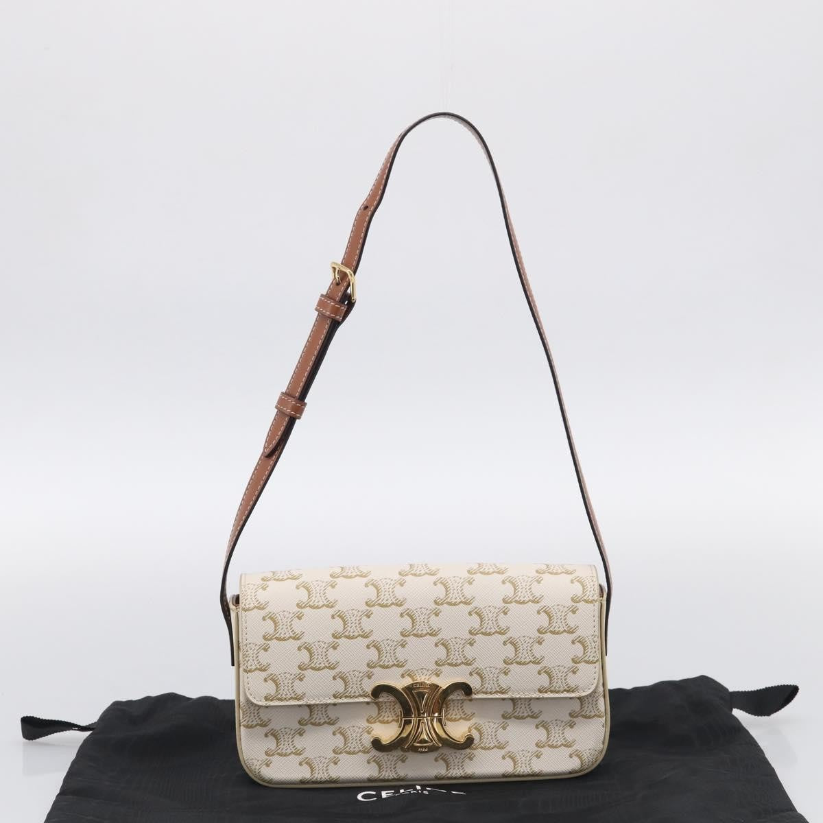 Celine Triomphe East-West Triomphe Coated Canvas White Leather Shoulder Bag Bag (Pre-Owned)
