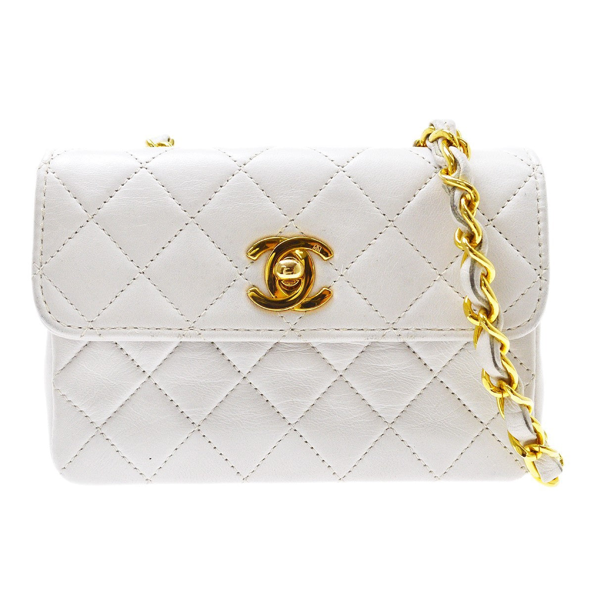 Chanel Vintage Full Flap Quilted Lambskin White Leather Shoulder Bag Bag (Pre-Owned)