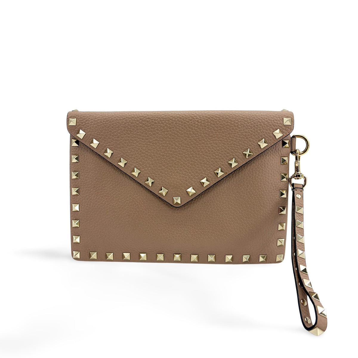 Valentino Garavani Rockstud Envelope Wristlet Clutch Leather Beige Leather Clutche & Pouche Bag (Pre-Owned)