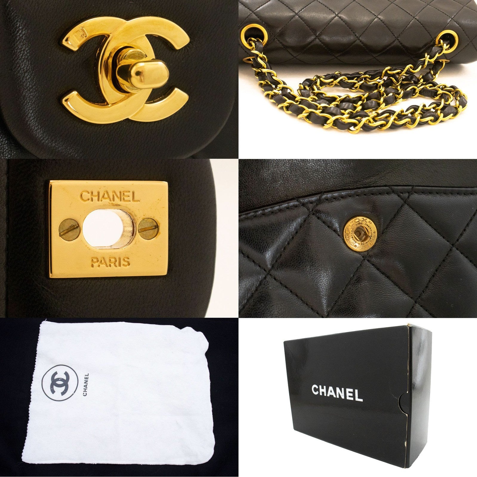 Chanel Vintage Classic Double Flap Quilted Lambskin Black Leather Shoulder Bag Bag (Pre-Owned)