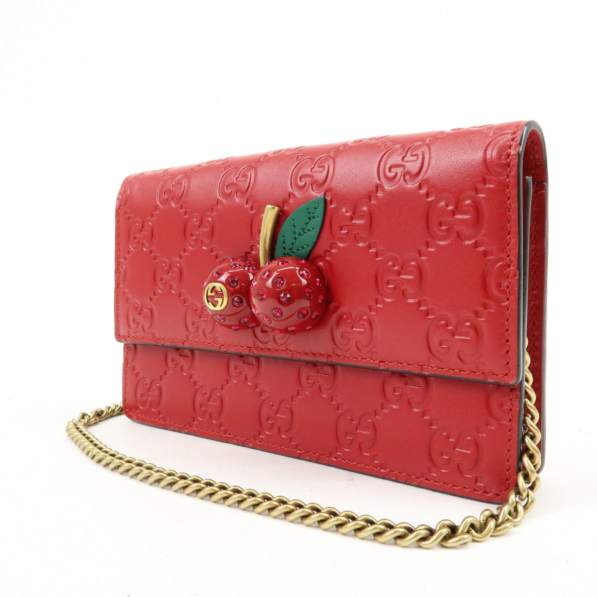 Gucci Cherries Wallet On Chain Guccissima Leather Red Leather Crossbody Bag Bag (Pre-Owned)