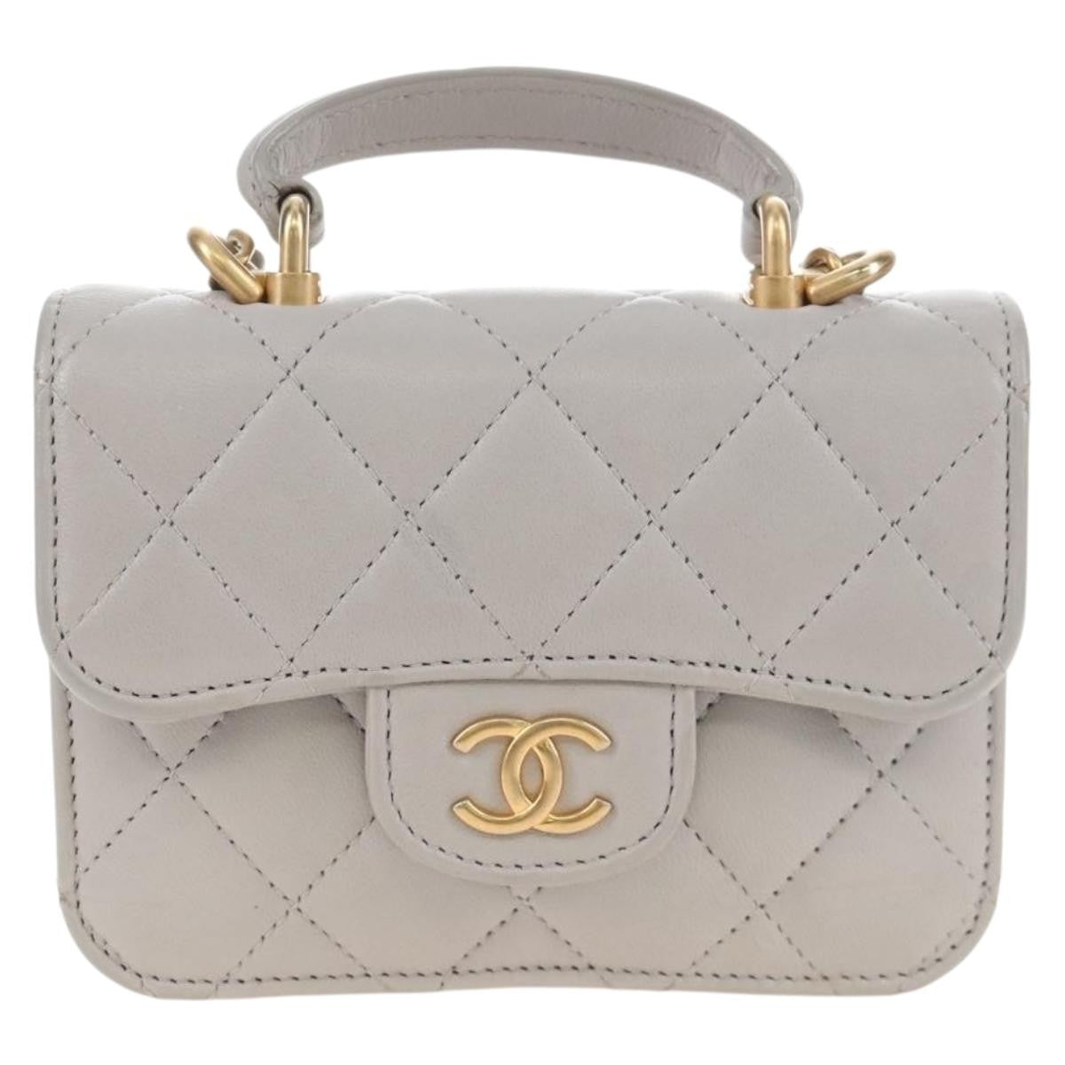 Chanel Top Handle Flap Coin Purse With Chain Quilted Lambskin Gray Leather Crossbody Bag Bag (Pre-Owned)