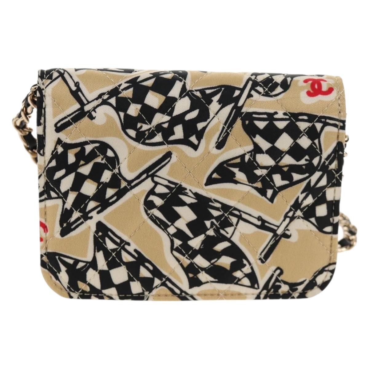 Chanel Flap Card Holder On Chain Quilted Printed Canvas Beige Satin Shoulder Bag Bag (Pre-Owned)
