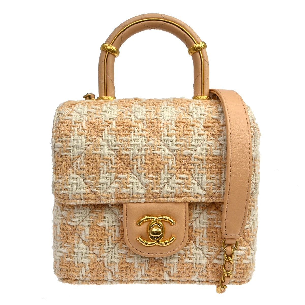 Chanel Crush Top Handle Flap Quilted Tweed Orange Tweed Handbag (Pre-Owned)