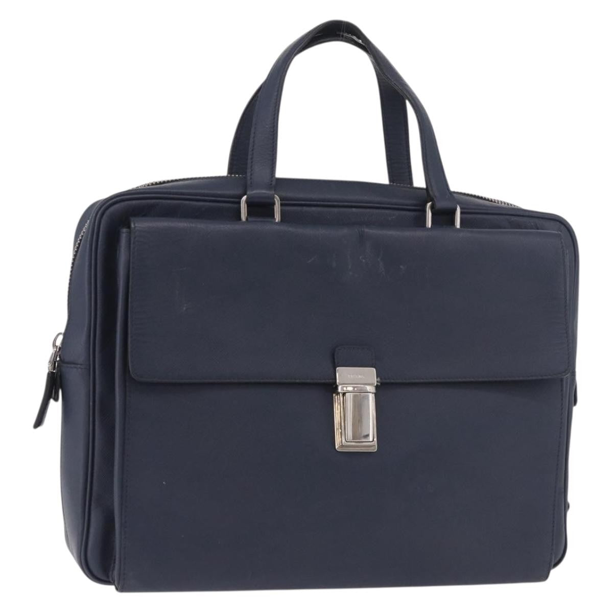 Prada Briefcase Leather Blue Leather Briefcase Bag (Pre-Owned)