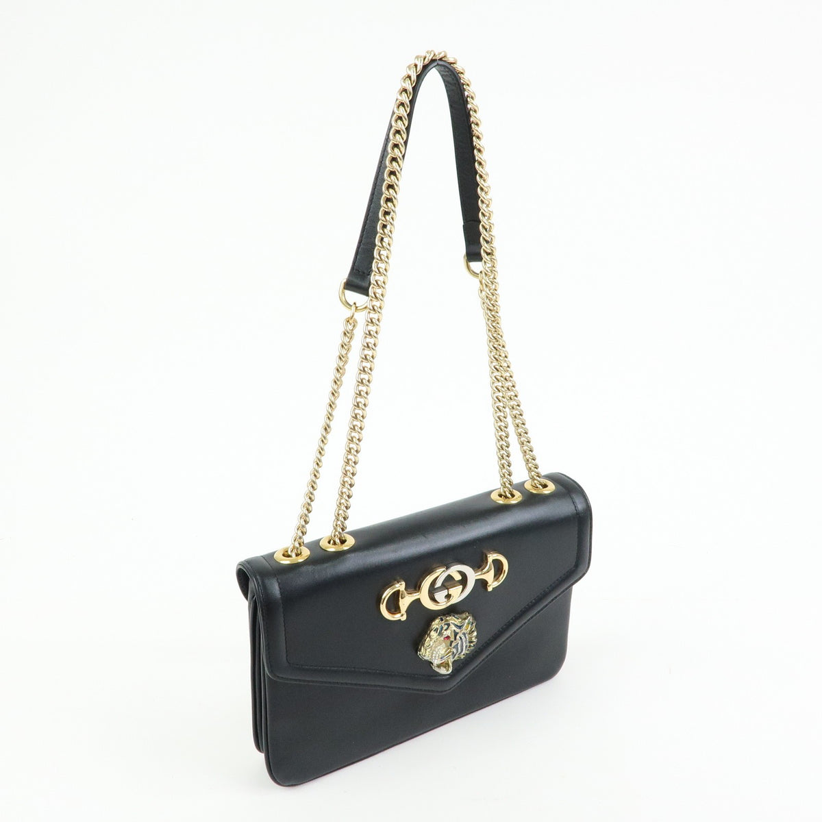 Gucci Rajah Chain Leather Black Leather Tote Bag Bag (Pre-Owned)