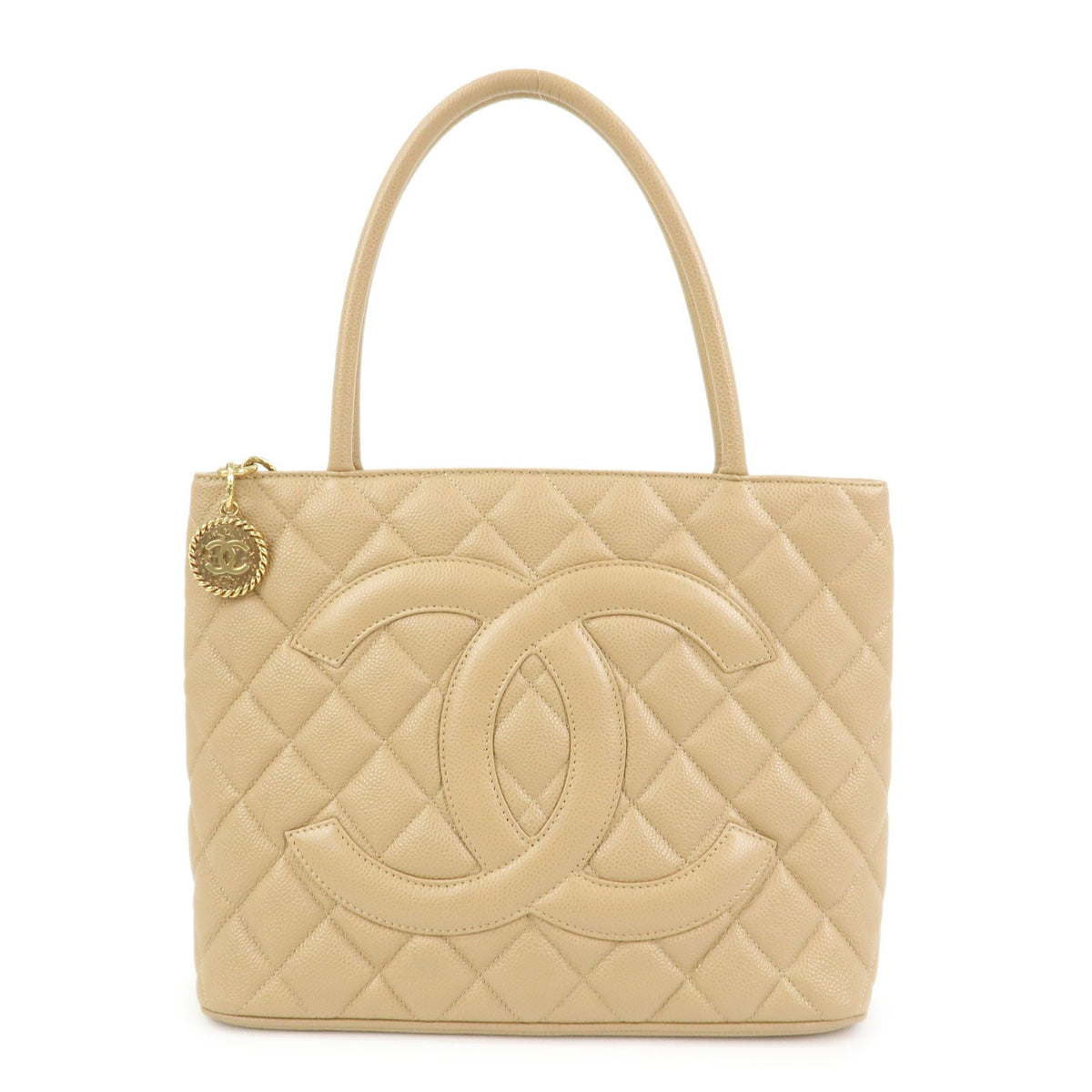 Chanel Medallion Quilted Lambskin Beige Calfskin Tote Bag Bag (Pre-Owned)