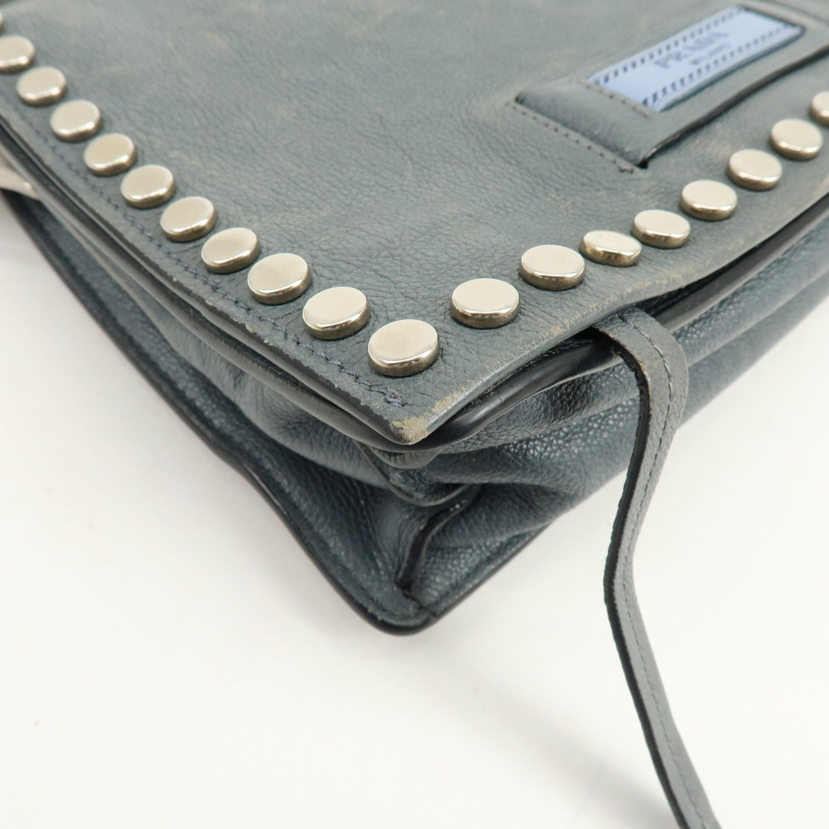 Prada Etiquette Flap Studded Tessuto Gray Leather Handbag (Pre-Owned)