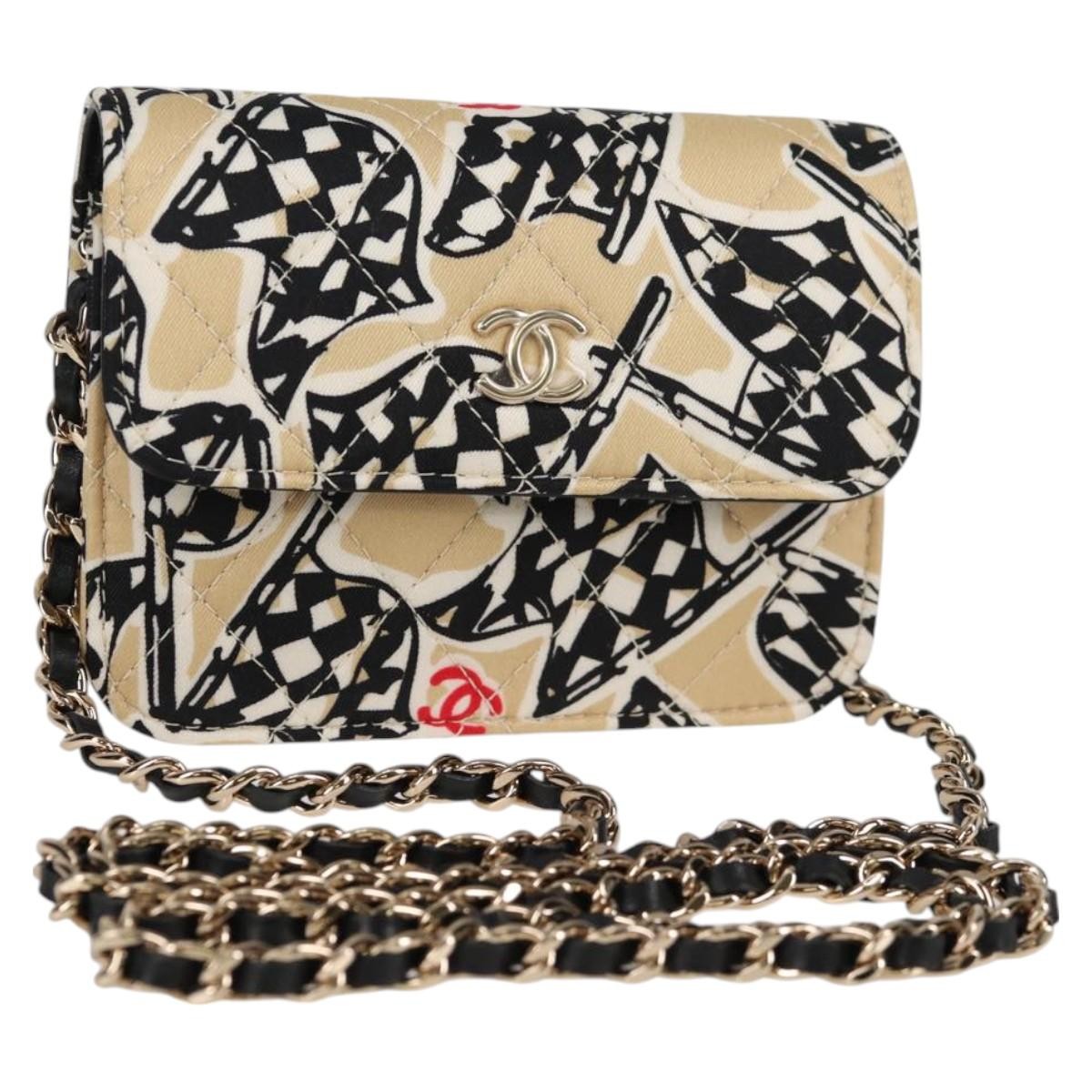 Chanel Flap Card Holder On Chain Quilted Printed Canvas Beige Nylon Shoulder Bag Bag (Pre-Owned)