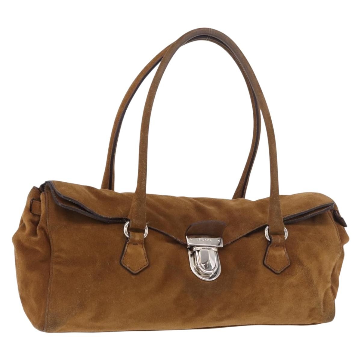 Prada Pushlock Tote Suede Brown Suede Handbag (Pre-Owned)