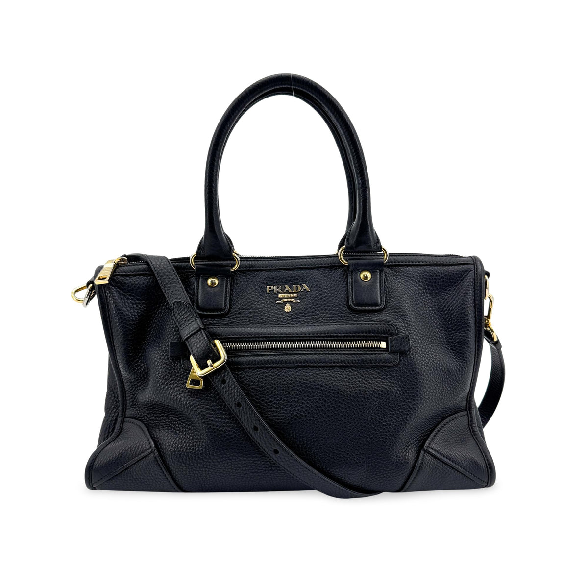 Prada Front Zip Convertible Satchel Vitello Phenix Black Leather Handbag (Pre-Owned)