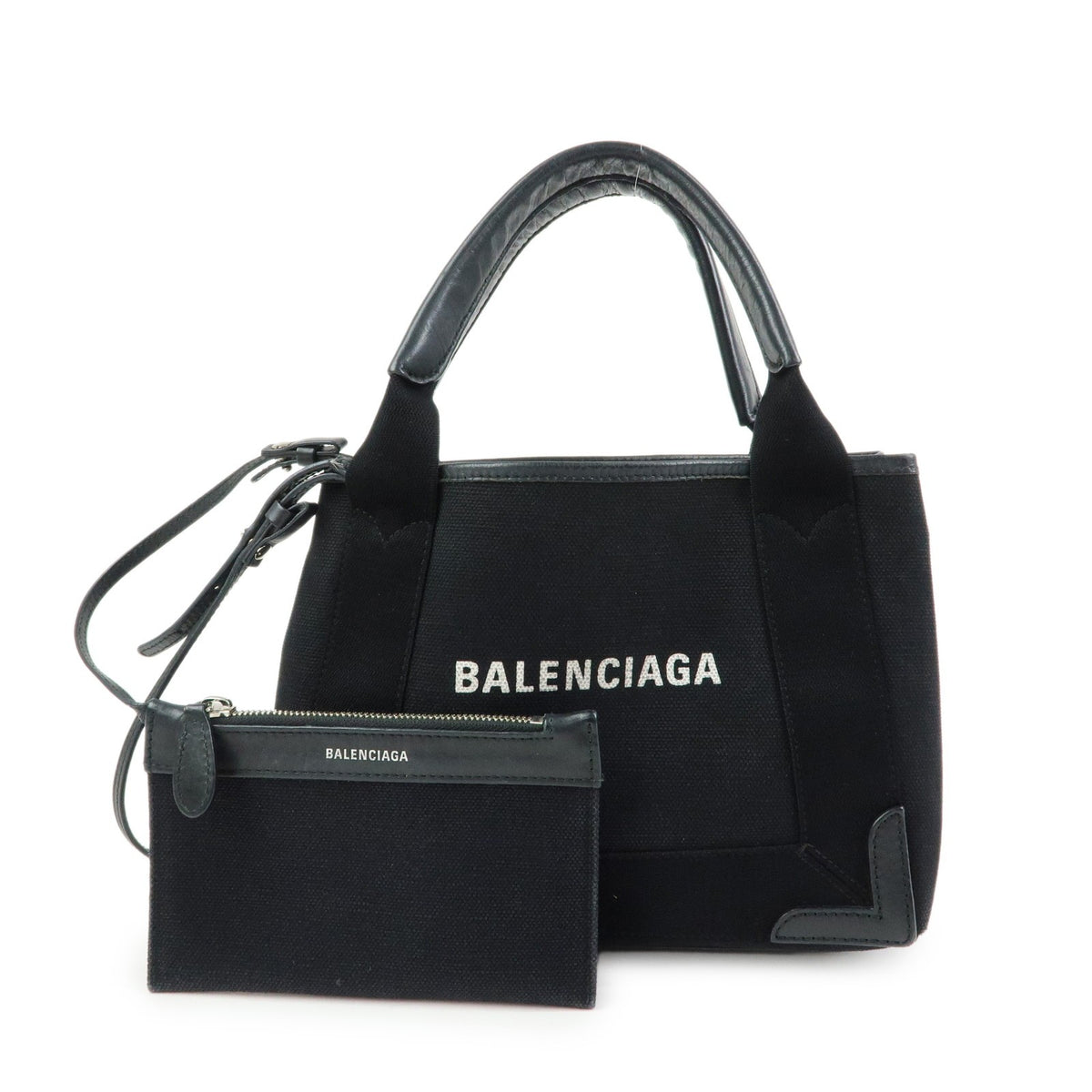 Balenciaga Navy Cabas Canvas With Leather Black Canvas Tote Bag Bag (Pre-Owned)