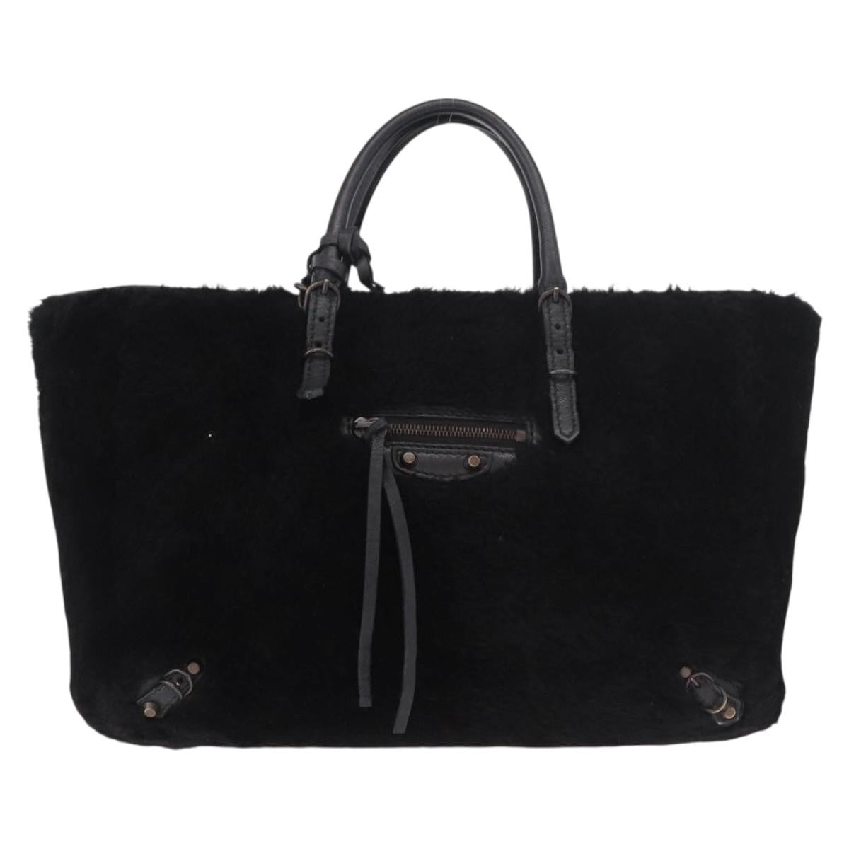Balenciaga Papier A4 Classic Studs Shearling Black Fur Handbag (Pre-Owned)