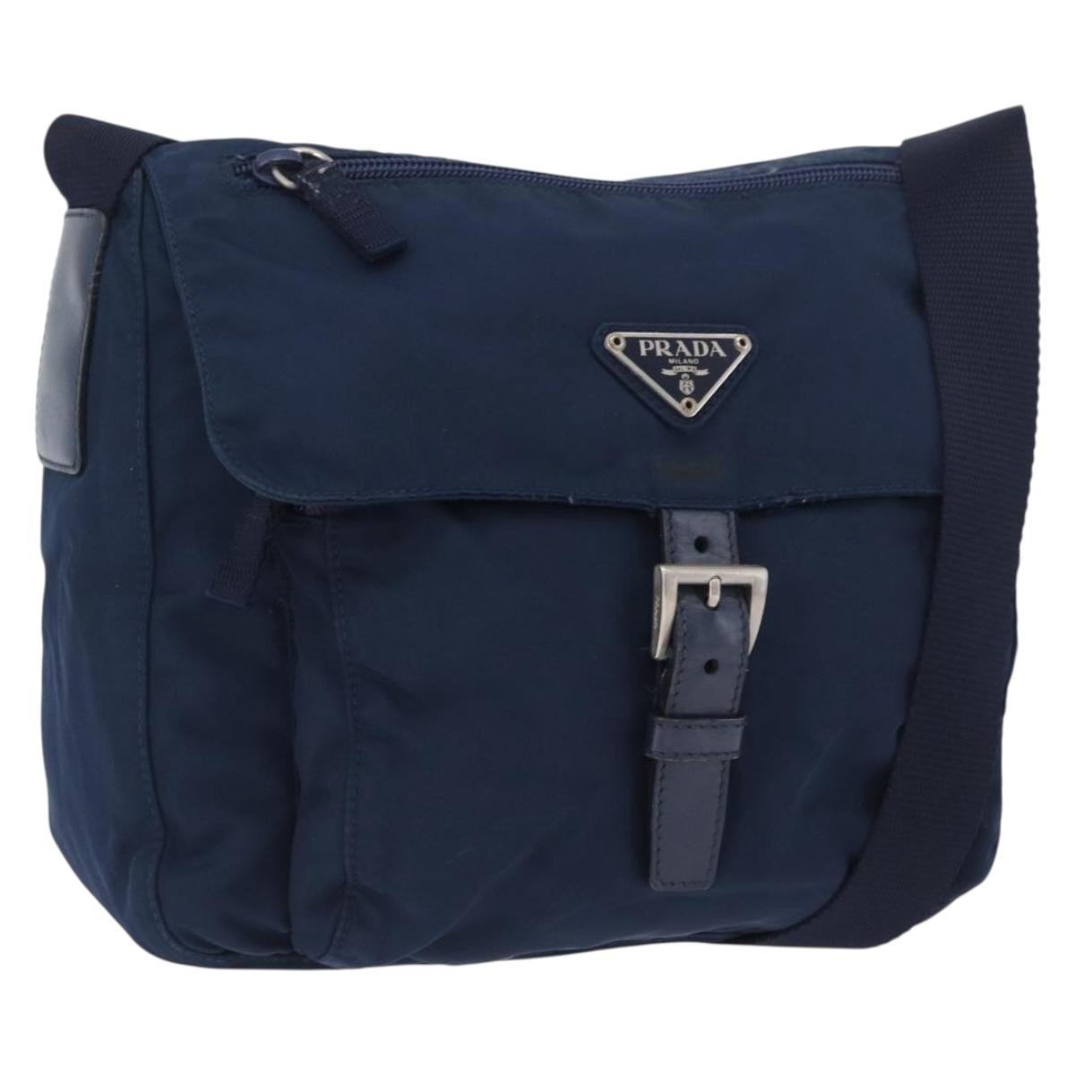 Prada Buckle Messenger Tessuto Navy Nylon Handbag (Pre-Owned)
