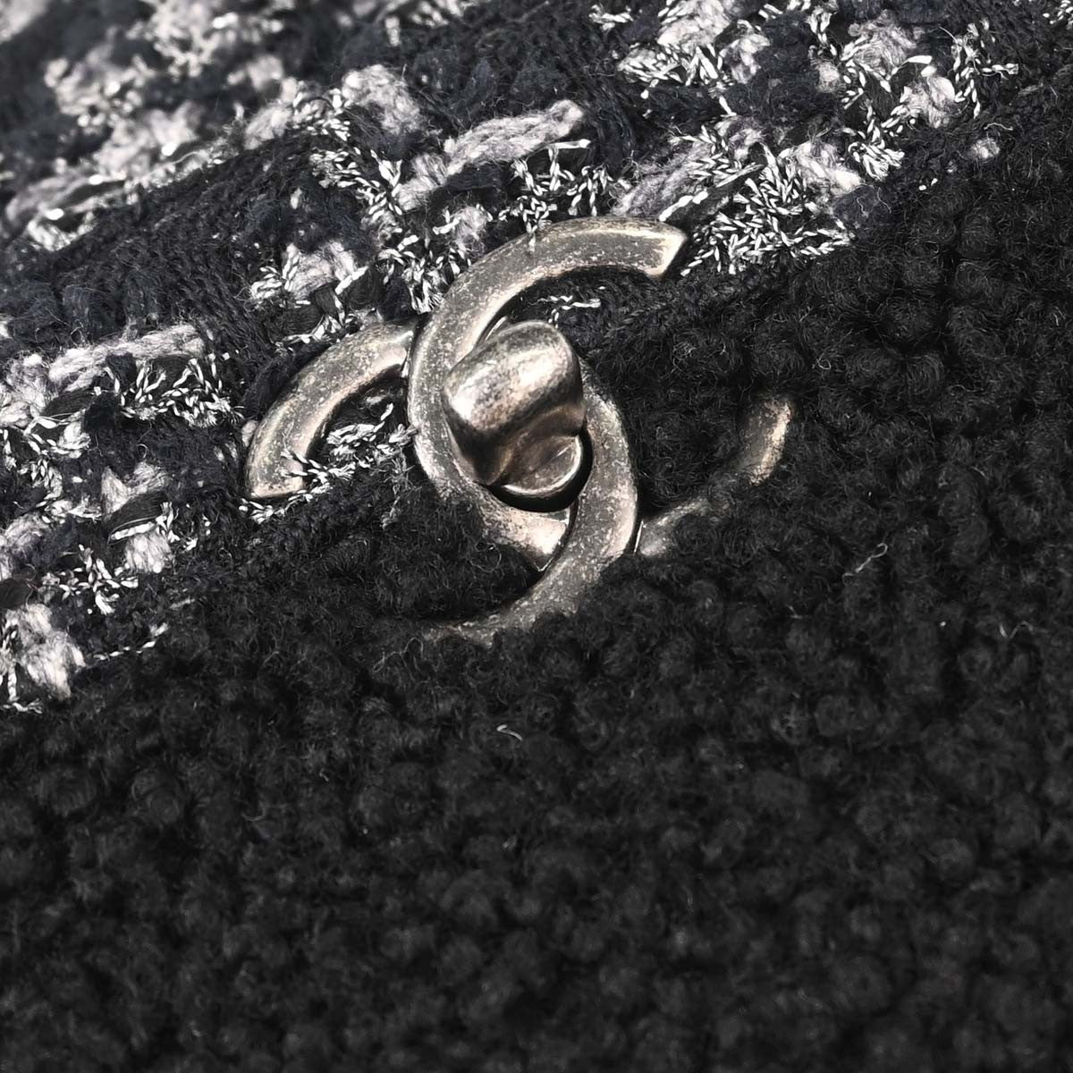 Chanel Top Handle Shearling With Tweed Black Tweed Handbag (Pre-Owned)