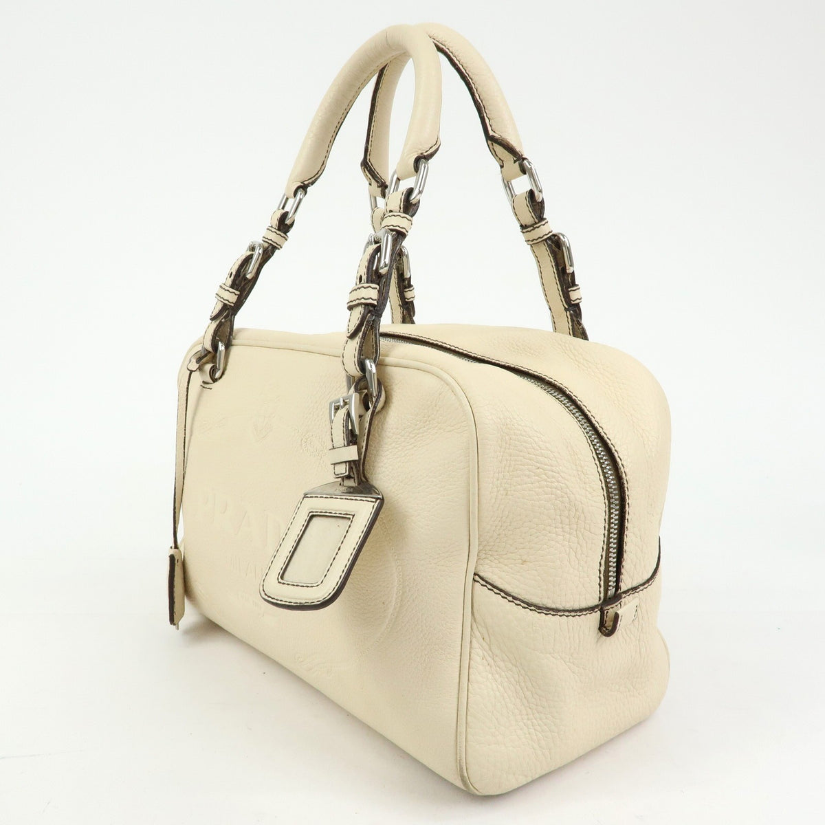 Prada Embossed Logo Bauletto Vitello Daino Beige Leather Handbag (Pre-Owned)
