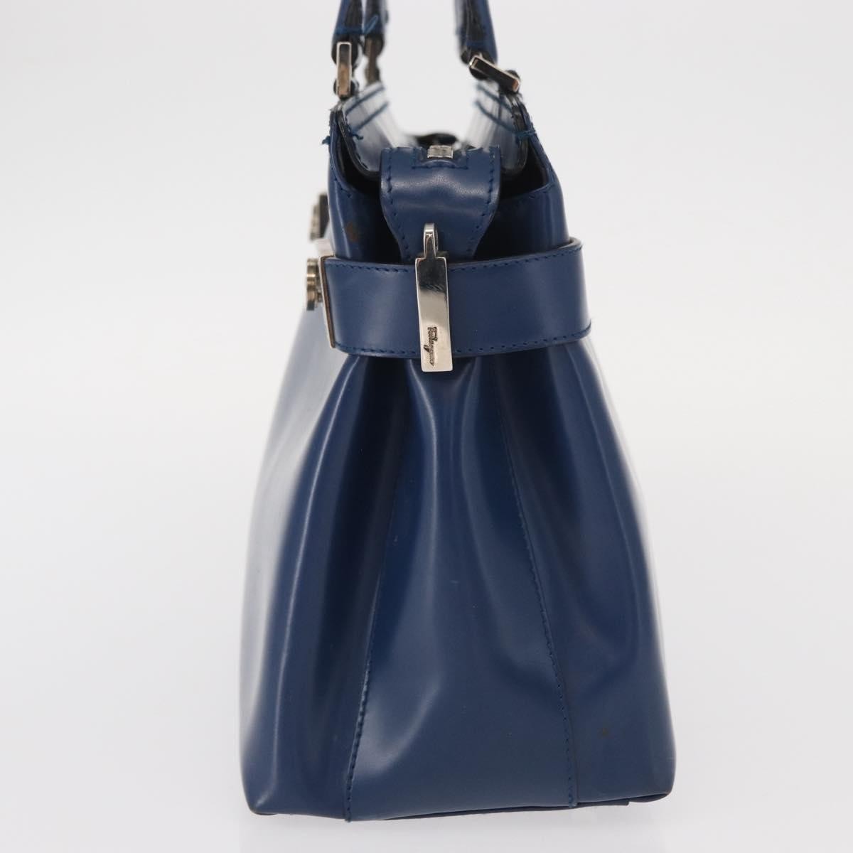 Salvatore Ferragamo Double Gancini Side Buckle Leather Blue Leather Handbag (Pre-Owned)