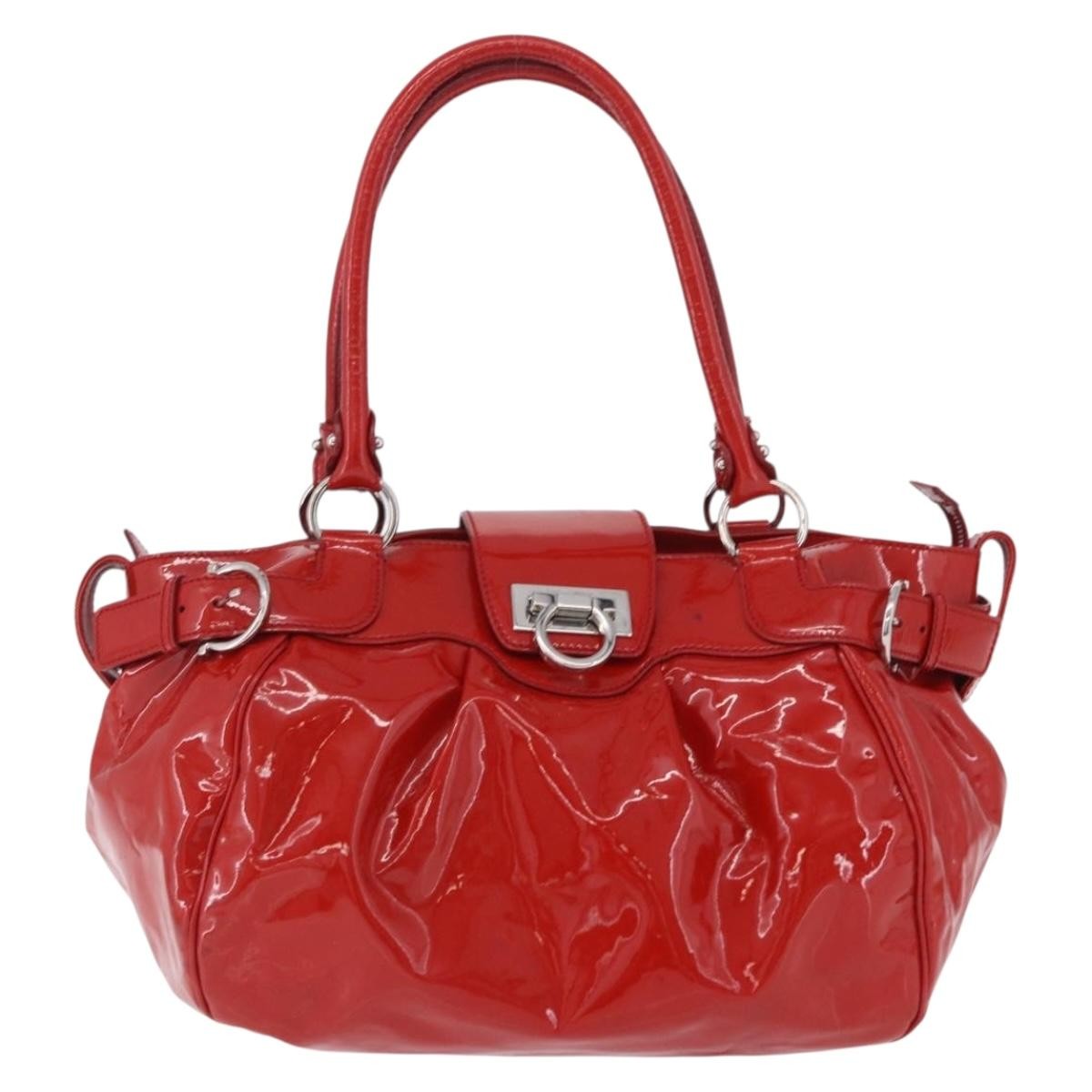 Salvatore Ferragamo Gancini Patent Leather Red Patent_Leather Handbag (Pre-Owned)