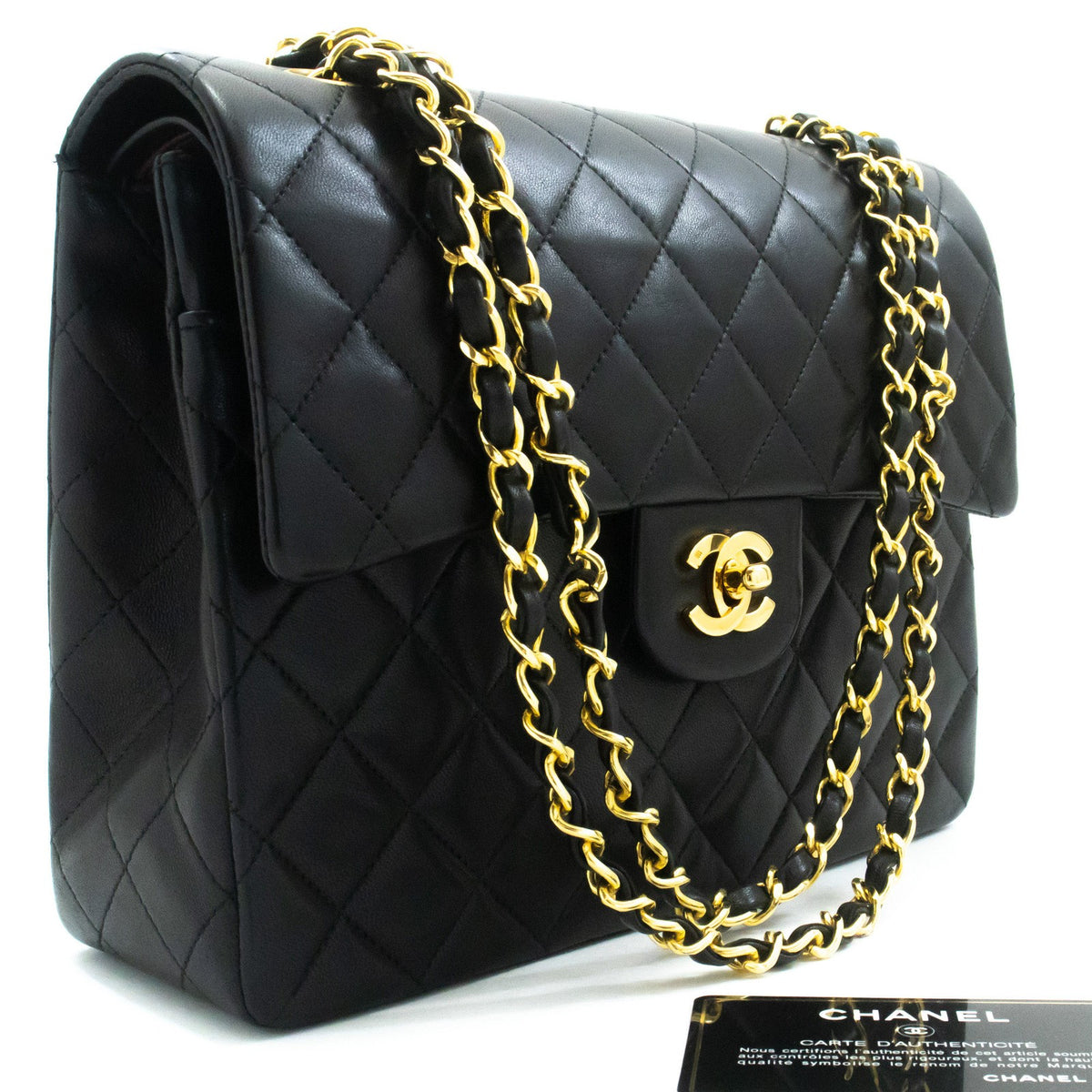 Chanel Vintage Square Classic Double Flap Quilted Leather Black Leather Handbag (Pre-Owned)
