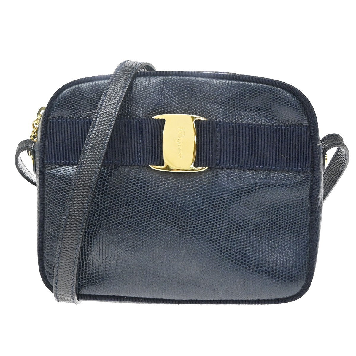 Salvatore Ferragamo Vara Bow Camera Leather Navy Leather Shoulder Bag Bag (Pre-Owned)
