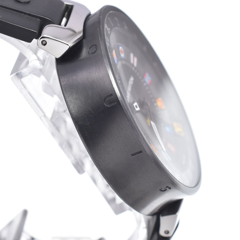 Louis Vuitton Tambour Moon Dual Time Quartz Stainless Steel With Diamond Lugs And Markers And Leather Watch (Pre-Owned)