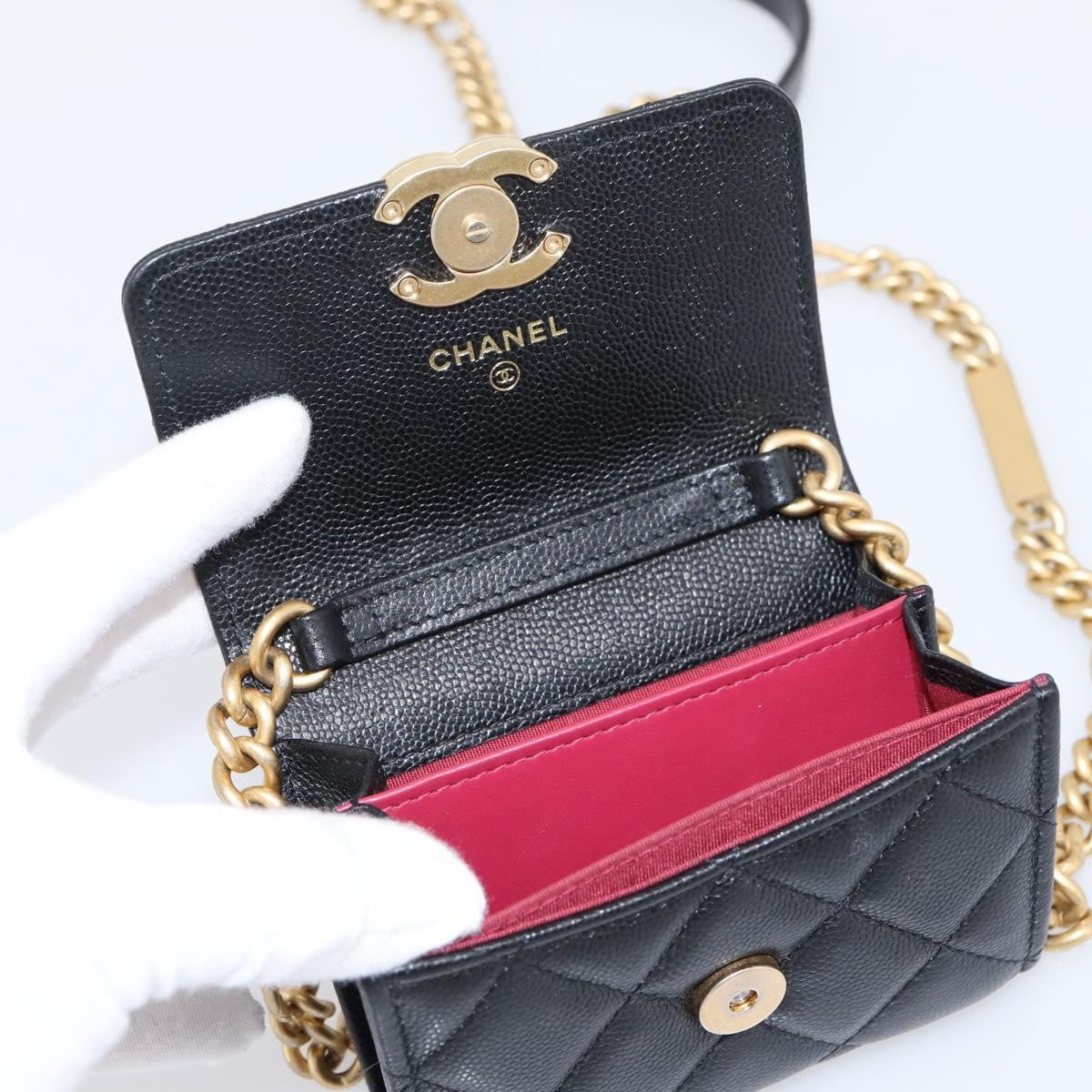 Chanel Plate Logo Cc Flap Card Holder On Chain Quilted Caviar Black Leather Clutche & Pouche Bag (Pre-Owned)