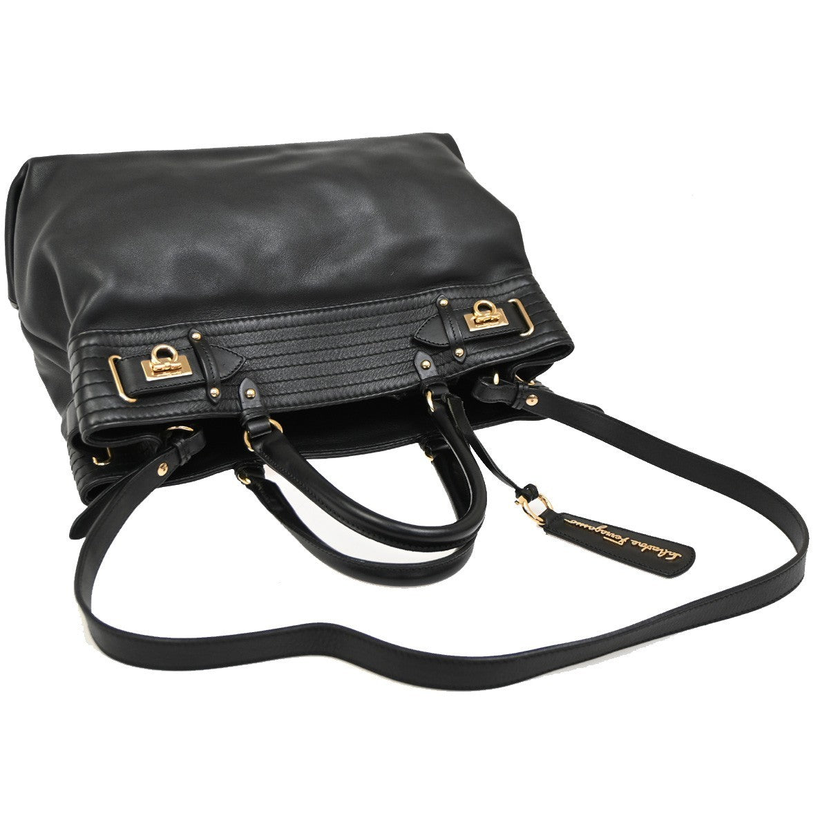 Salvatore Ferragamo Gancini Tote Leather Black Leather Tote Bag Bag (Pre-Owned)
