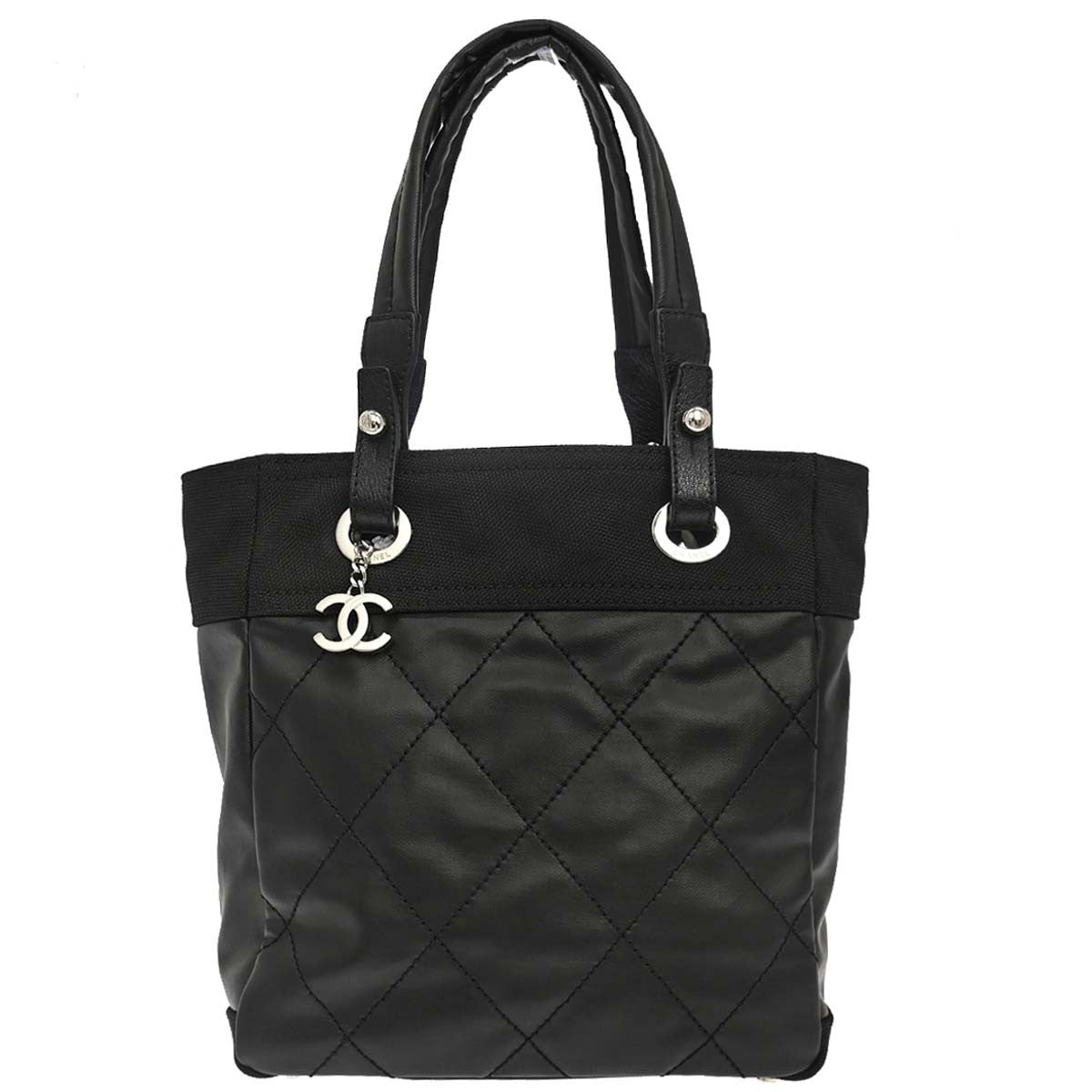 Chanel Biarritz Tote Quilted Coated Canvas Black Canvas Tote Bag Bag (Pre-Owned)