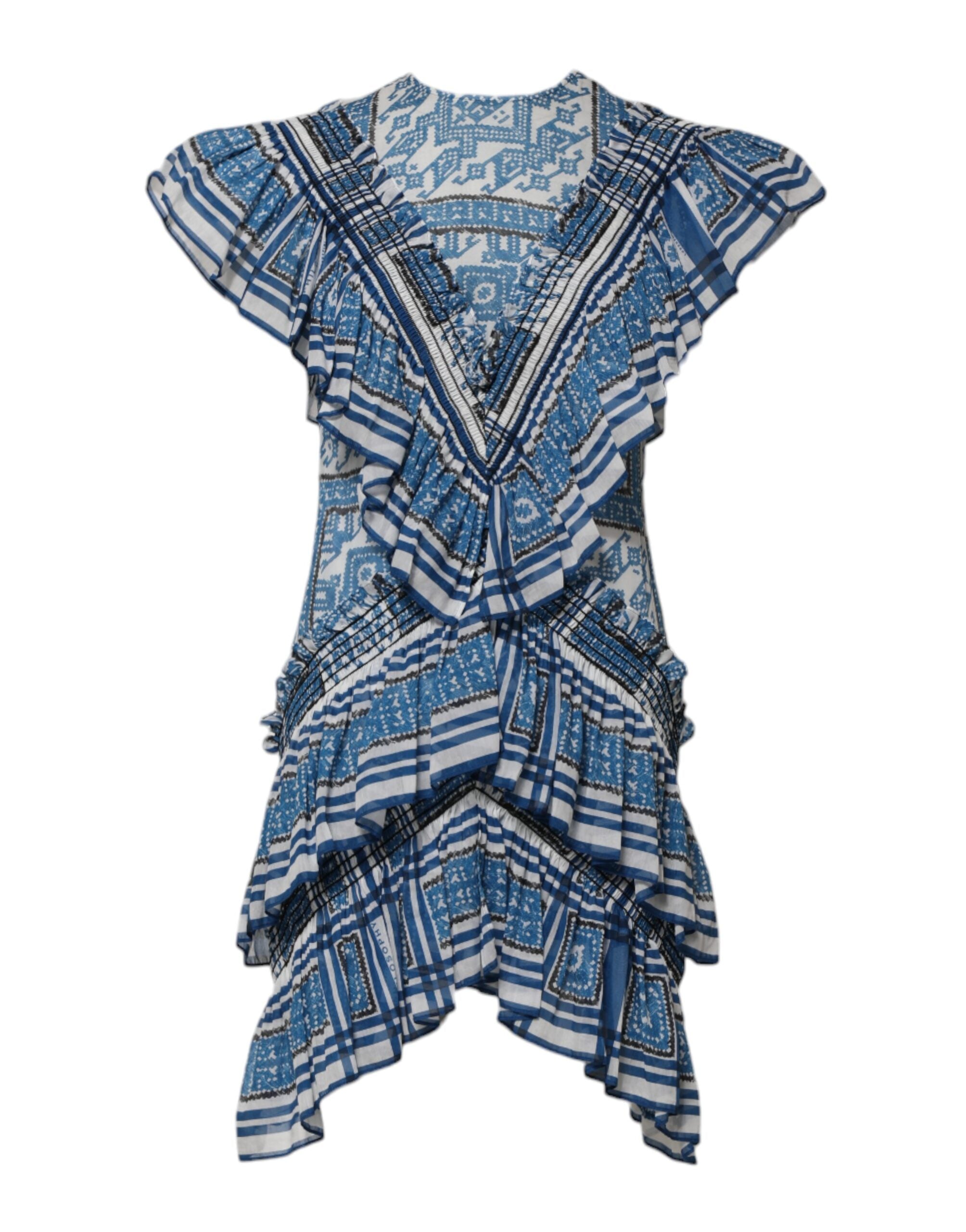 Philosophy di Lorenzo Serafini Blue Patterned Layered Short Sleeves Mini Women's Dress