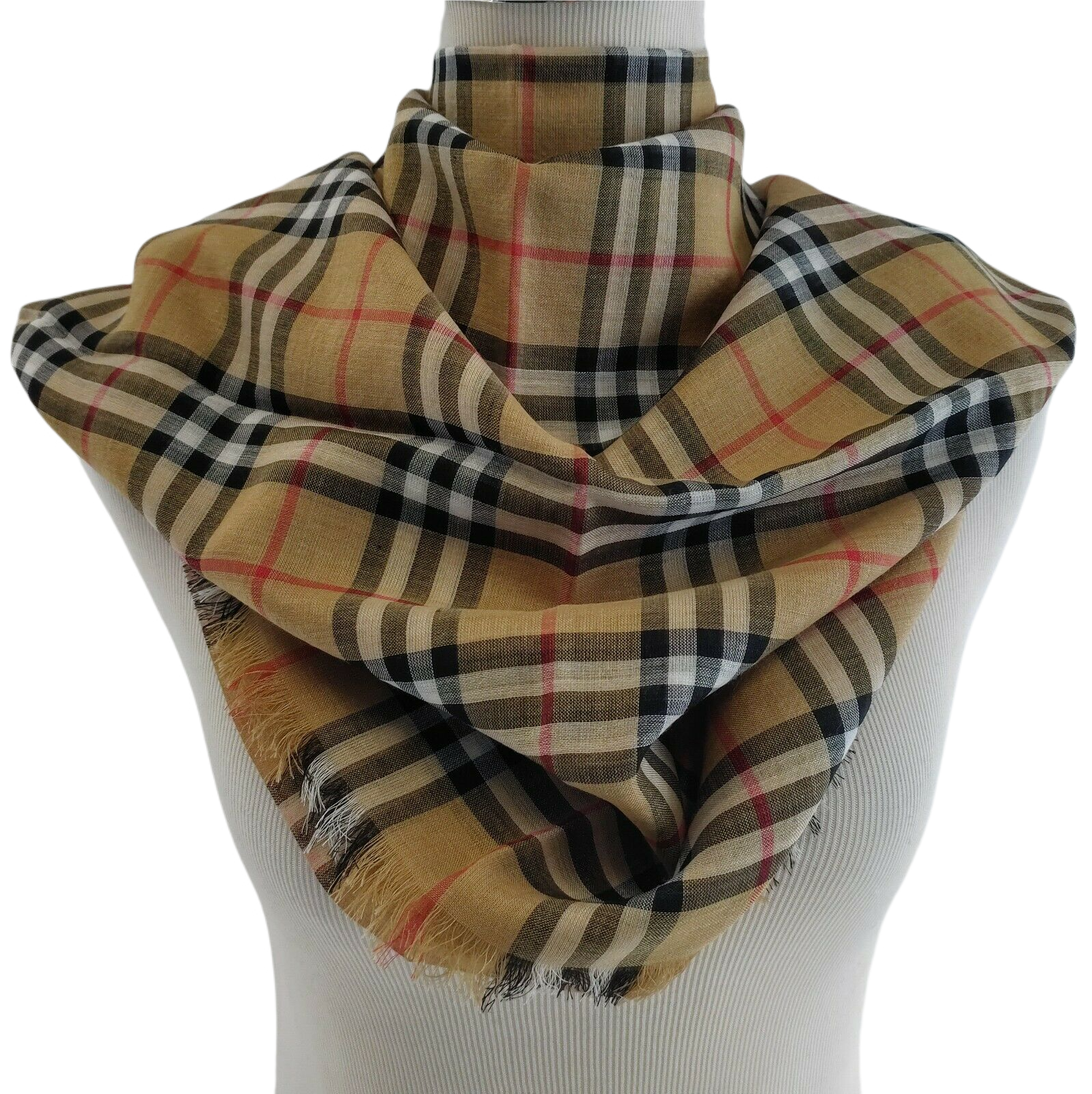 Burberry Classic Gauze Vintage Brown Checker Wool Silk Scarf
