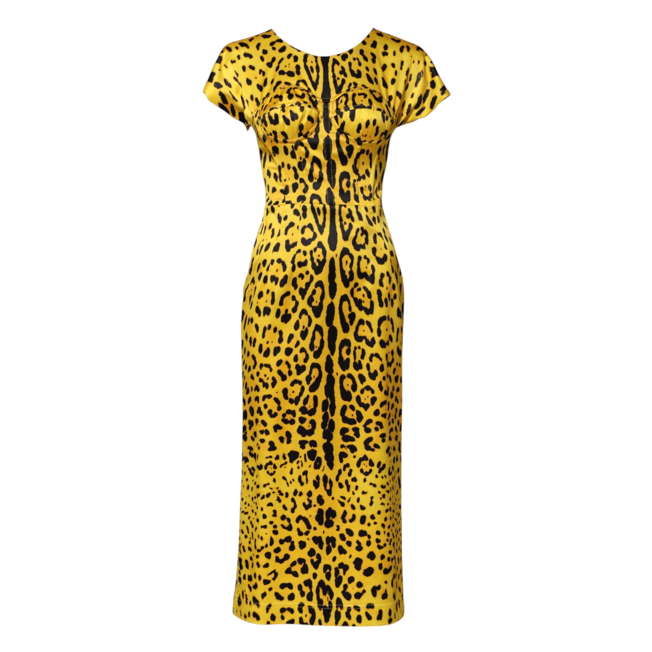 Dolce & Gabbana Yellow Polyester Leopard Midi Sheath Women's Dress