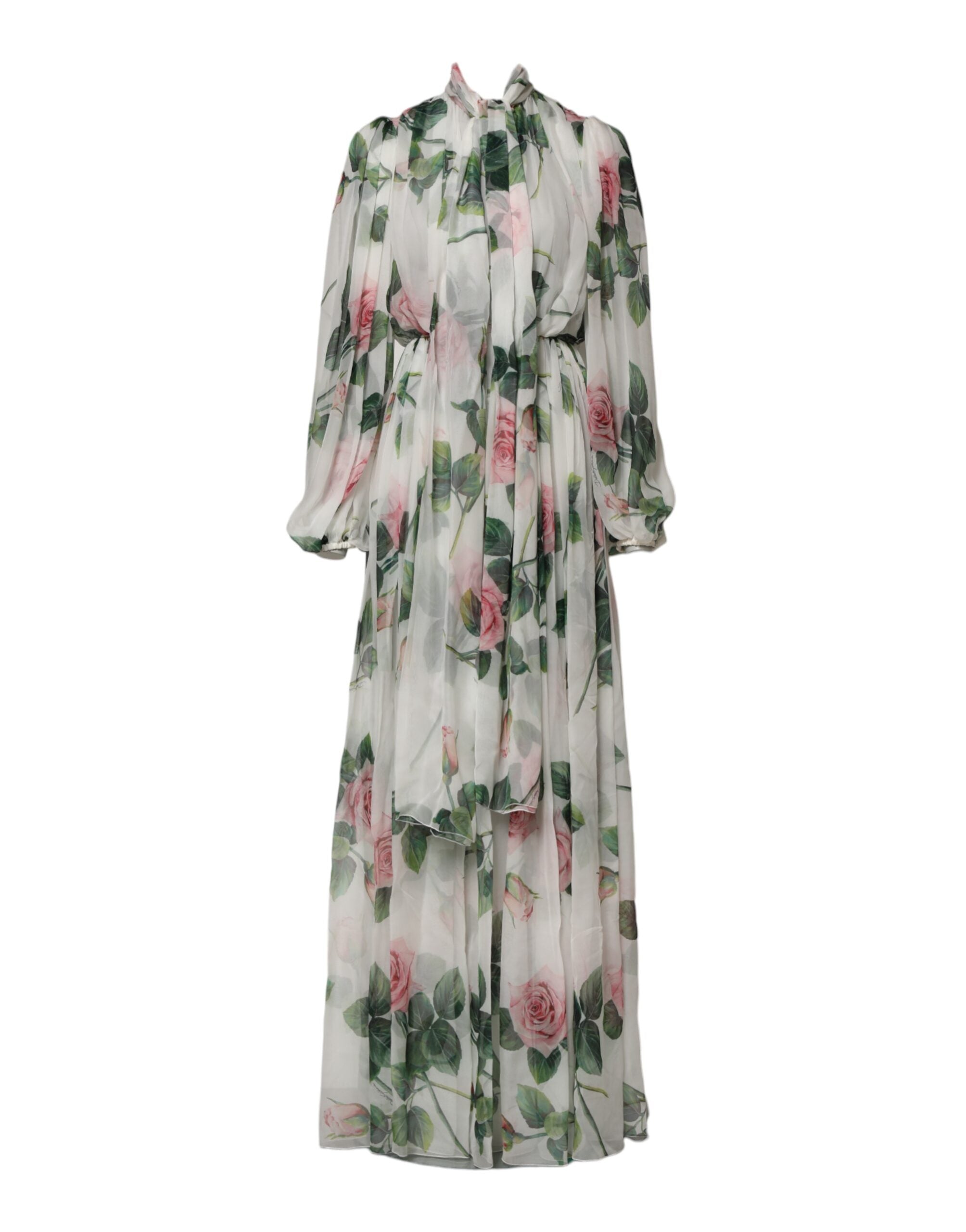 Dolce & Gabbana White Floral Roses Silk Maxi Long Gown Women's Dress (Pre-Owned)