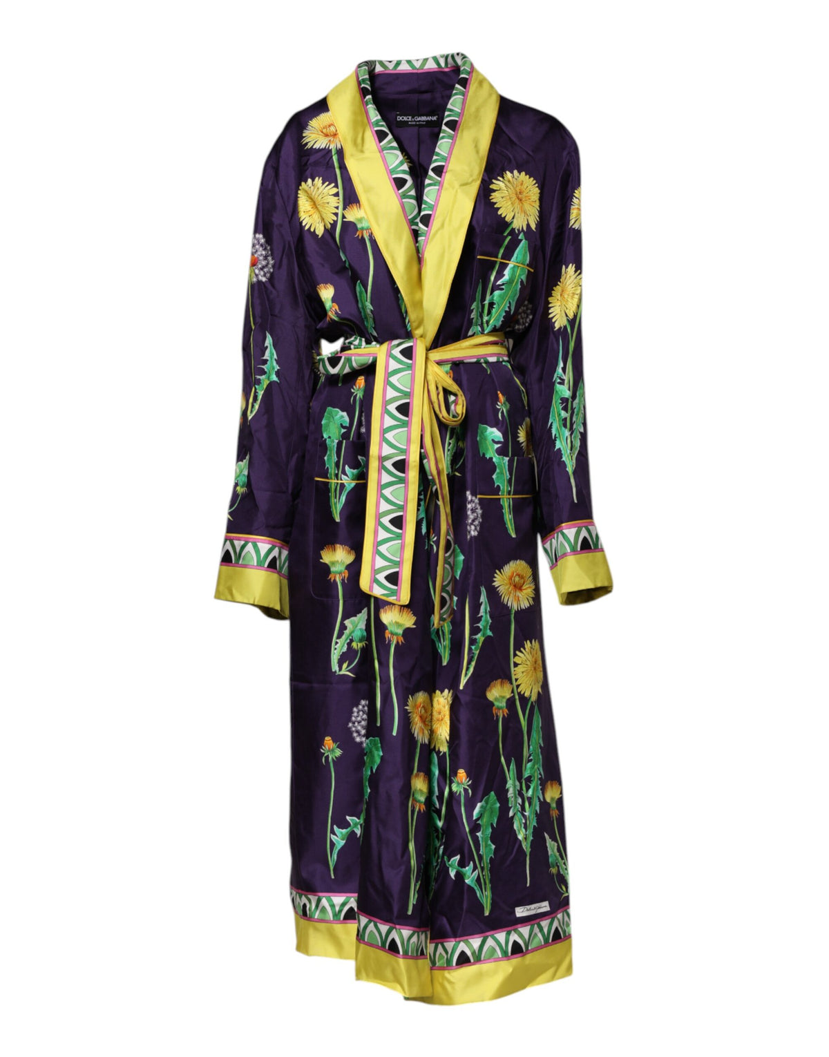 Dolce & Gabbana Blue Floral Print Silk Long Sleeves Wrap Women's Robe (Pre-Owned)