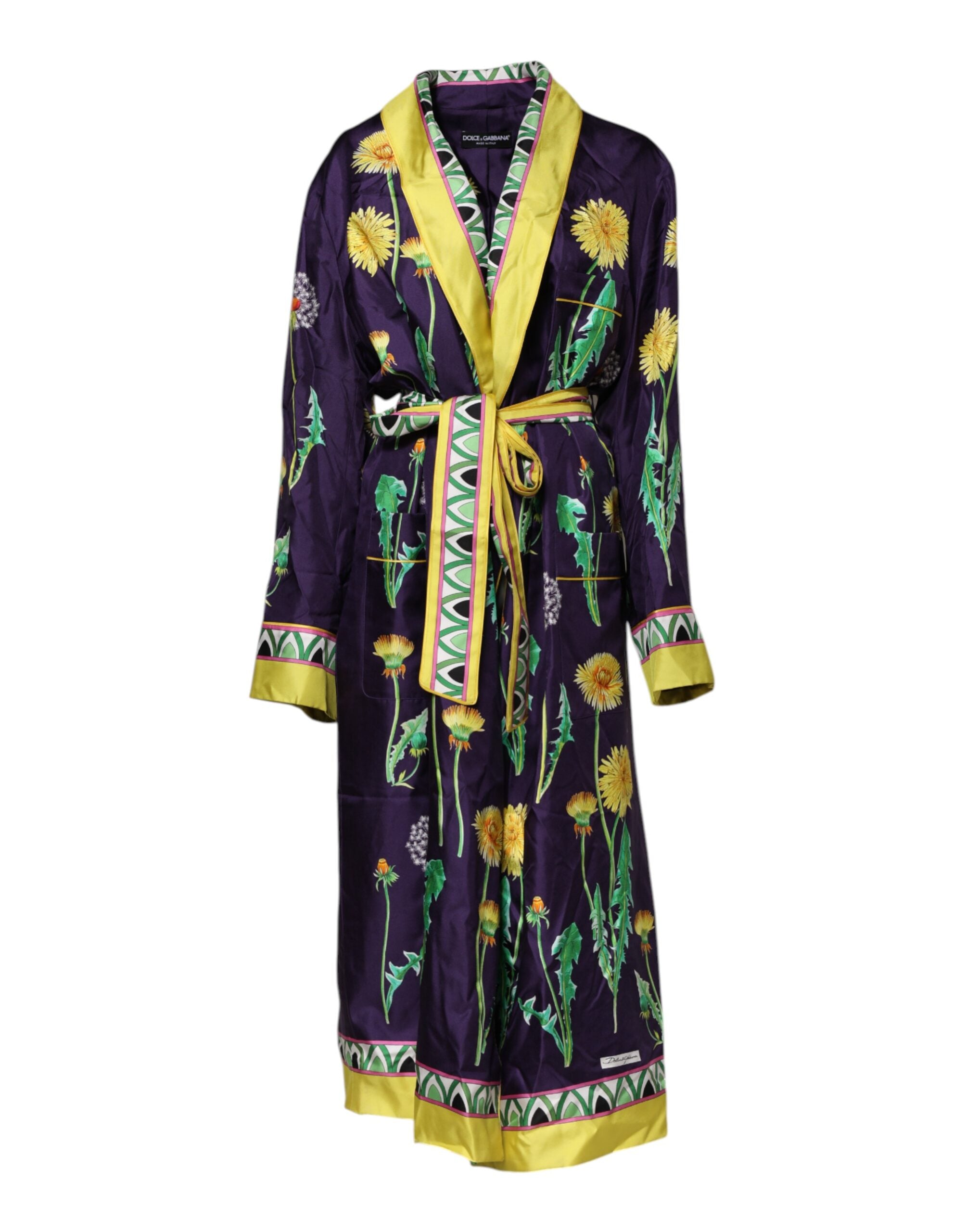 Dolce & Gabbana Blue Floral Print Silk Long Sleeves Wrap Women's Robe (Pre-Owned)