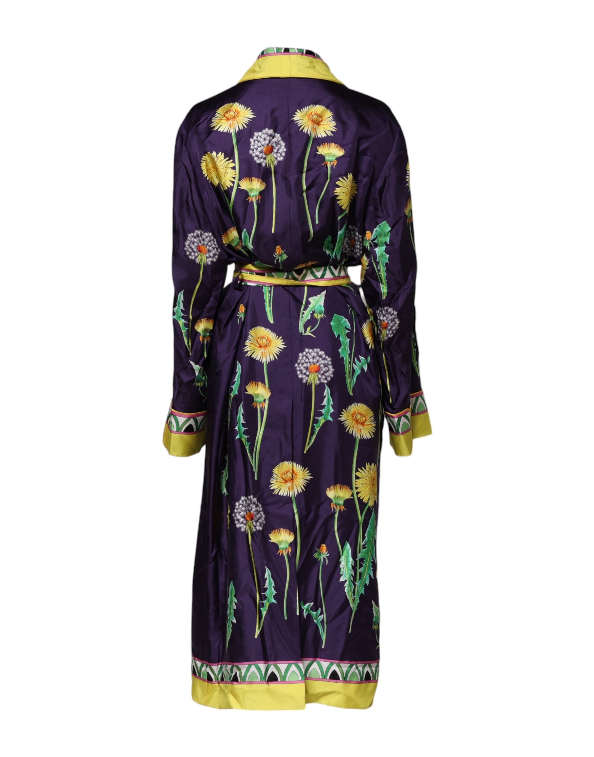 Dolce & Gabbana Blue Floral Print Silk Long Sleeves Wrap Women's Robe (Pre-Owned)