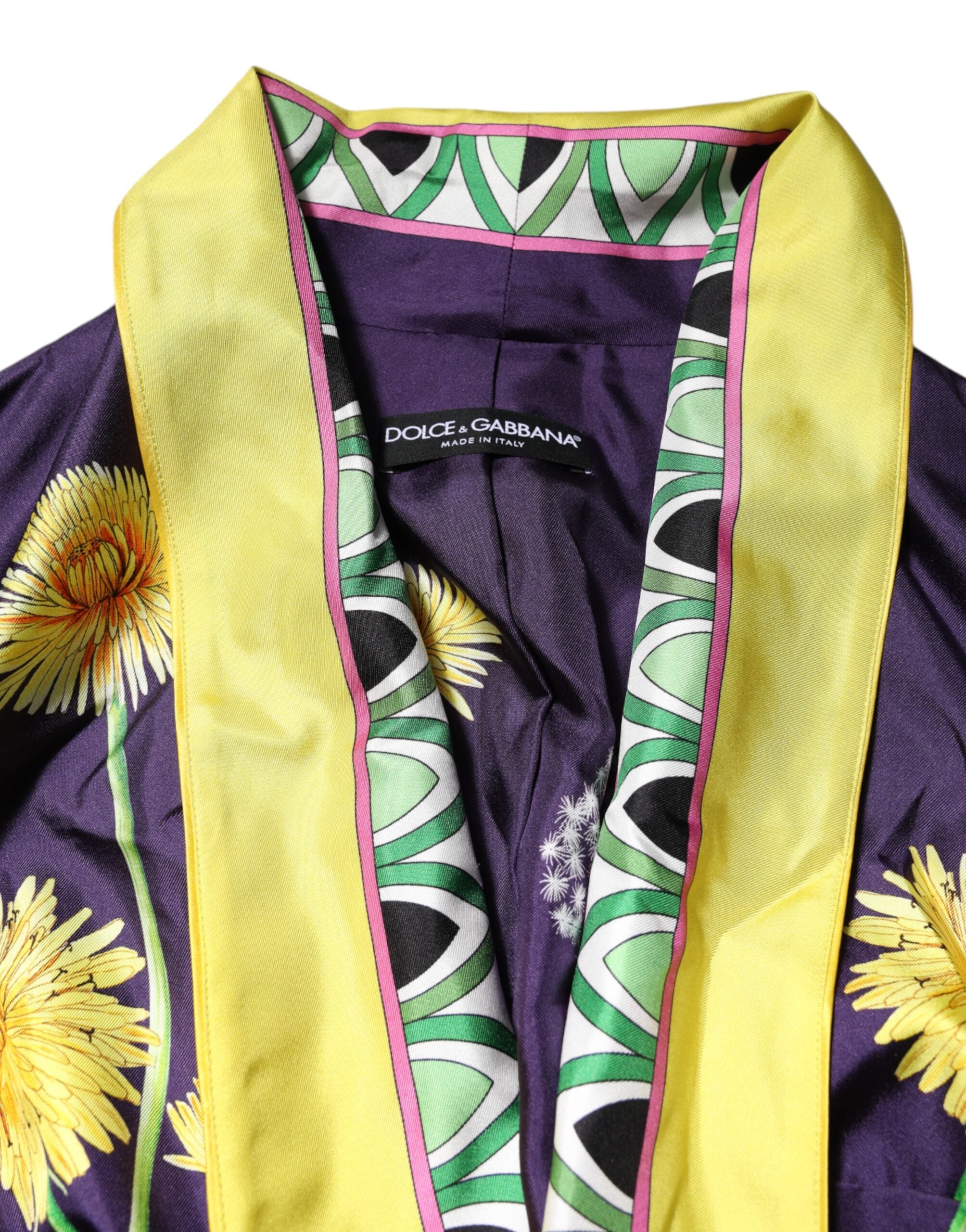 Dolce & Gabbana Blue Floral Print Silk Long Sleeves Wrap Women's Robe (Pre-Owned)