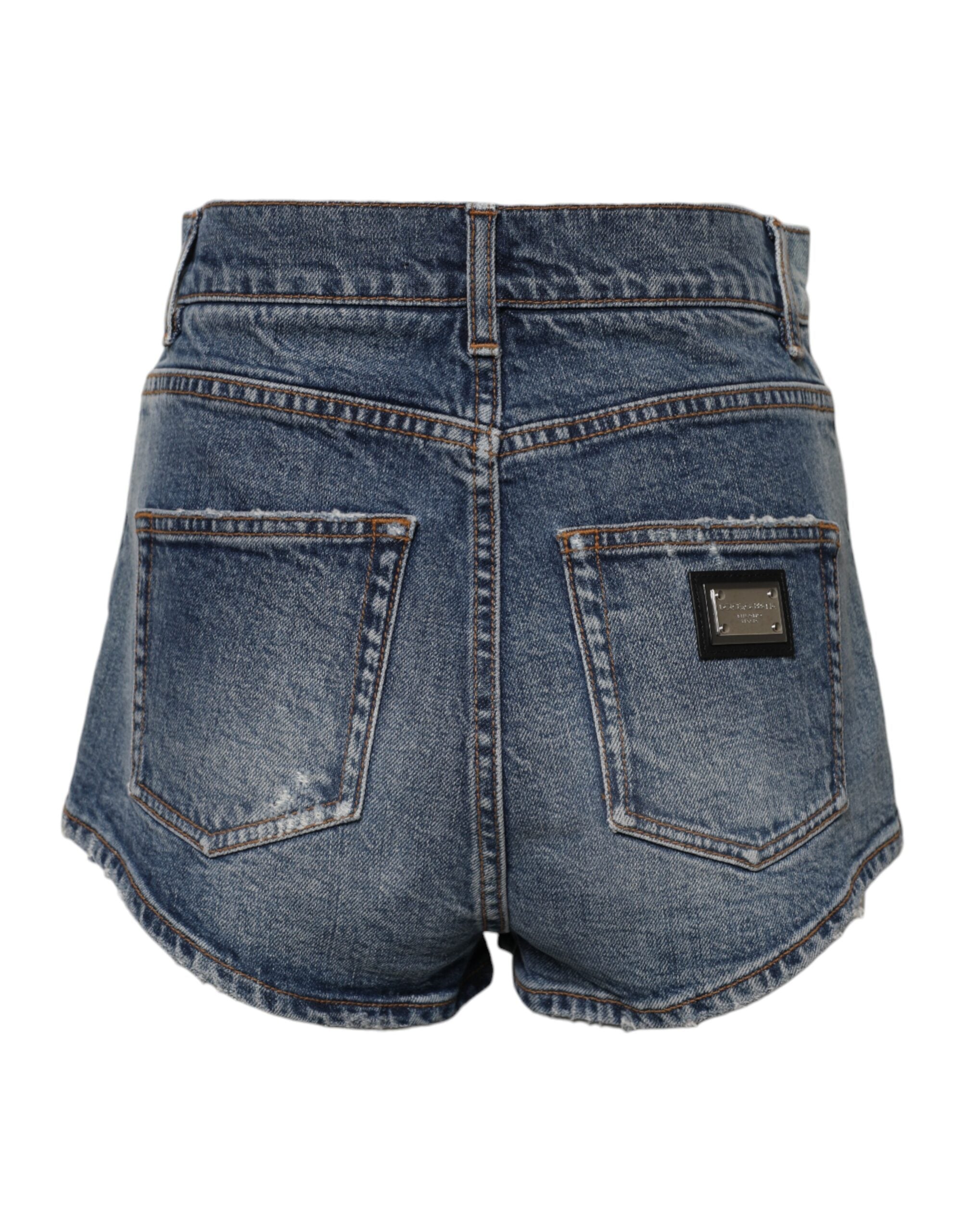 Dolce & Gabbana Blue Tattered Denim Cotton Hot Pants Women's Shorts