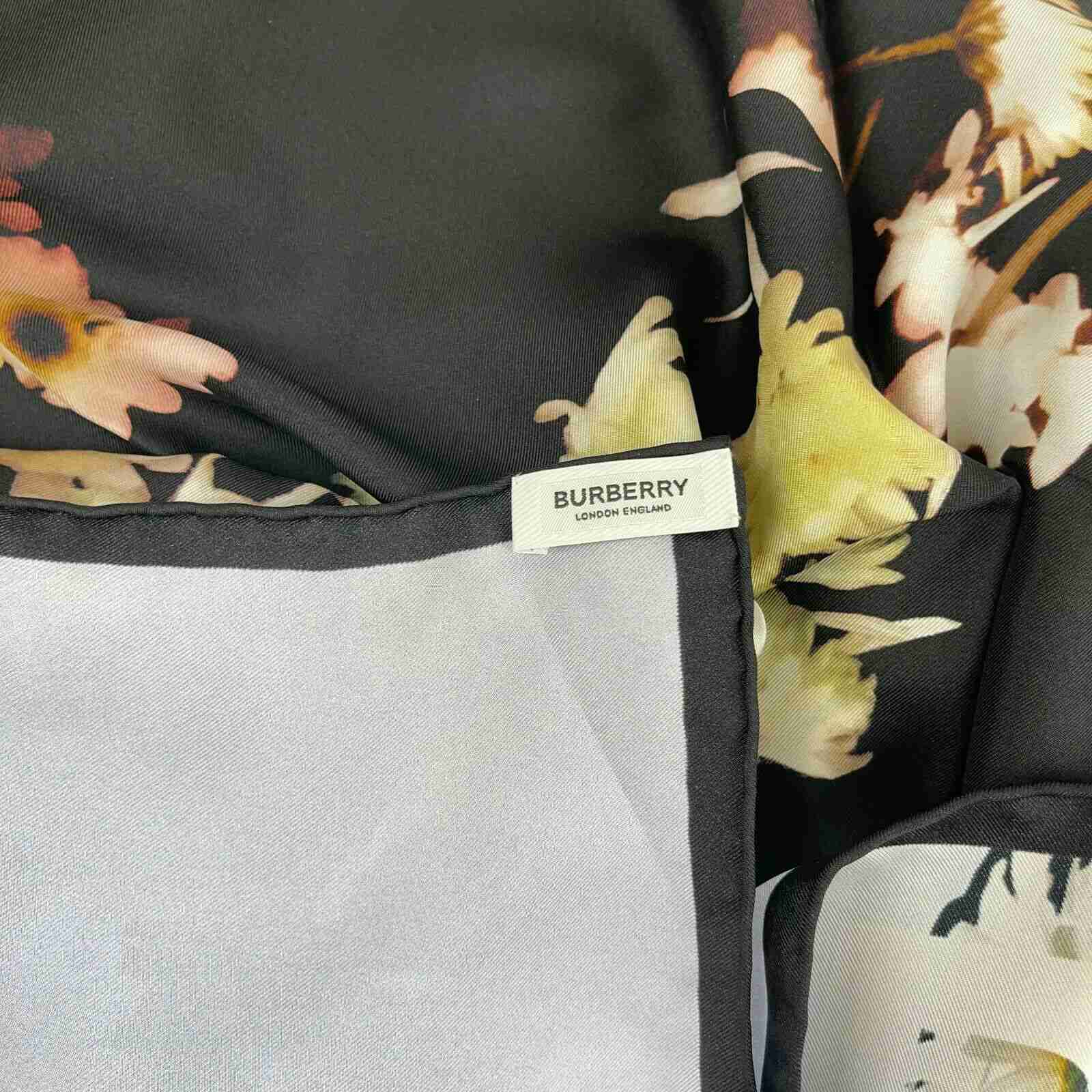 New Burberry Women's Black Silk Square Scarf with Flower Print