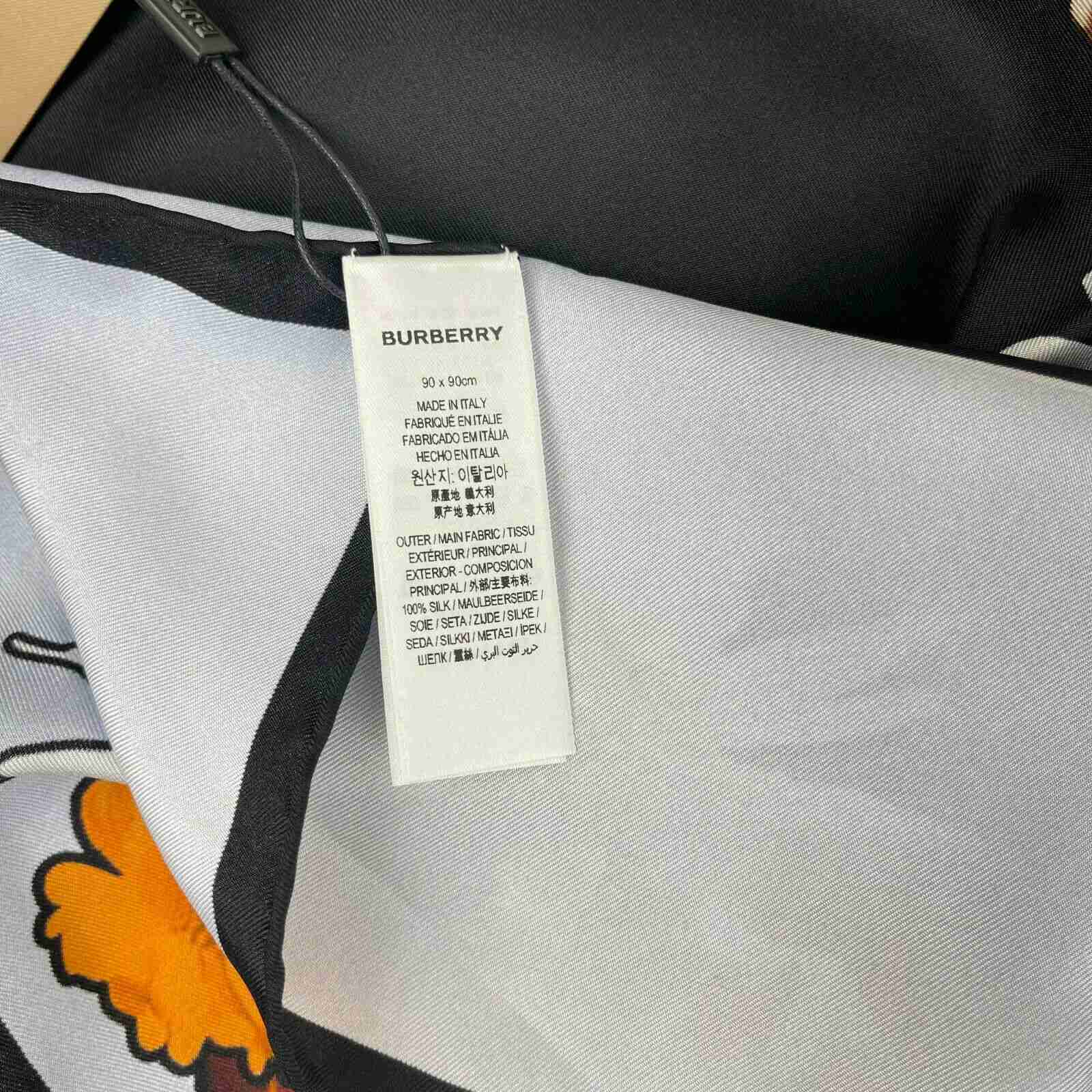 New Burberry Women's Black Silk Square Scarf with Flower Print