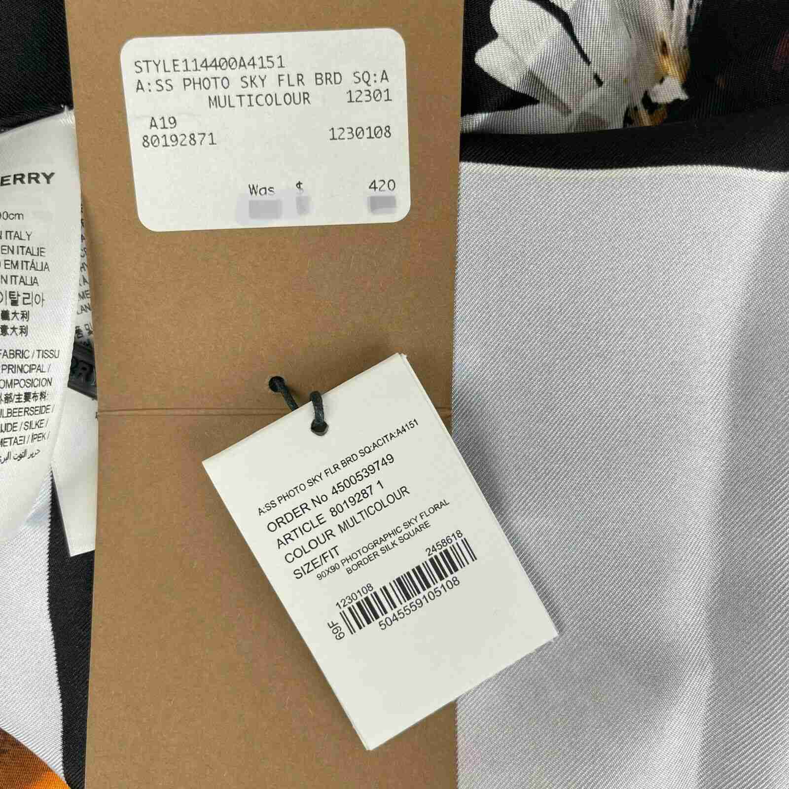 New Burberry Women's Black Silk Square Scarf with Flower Print