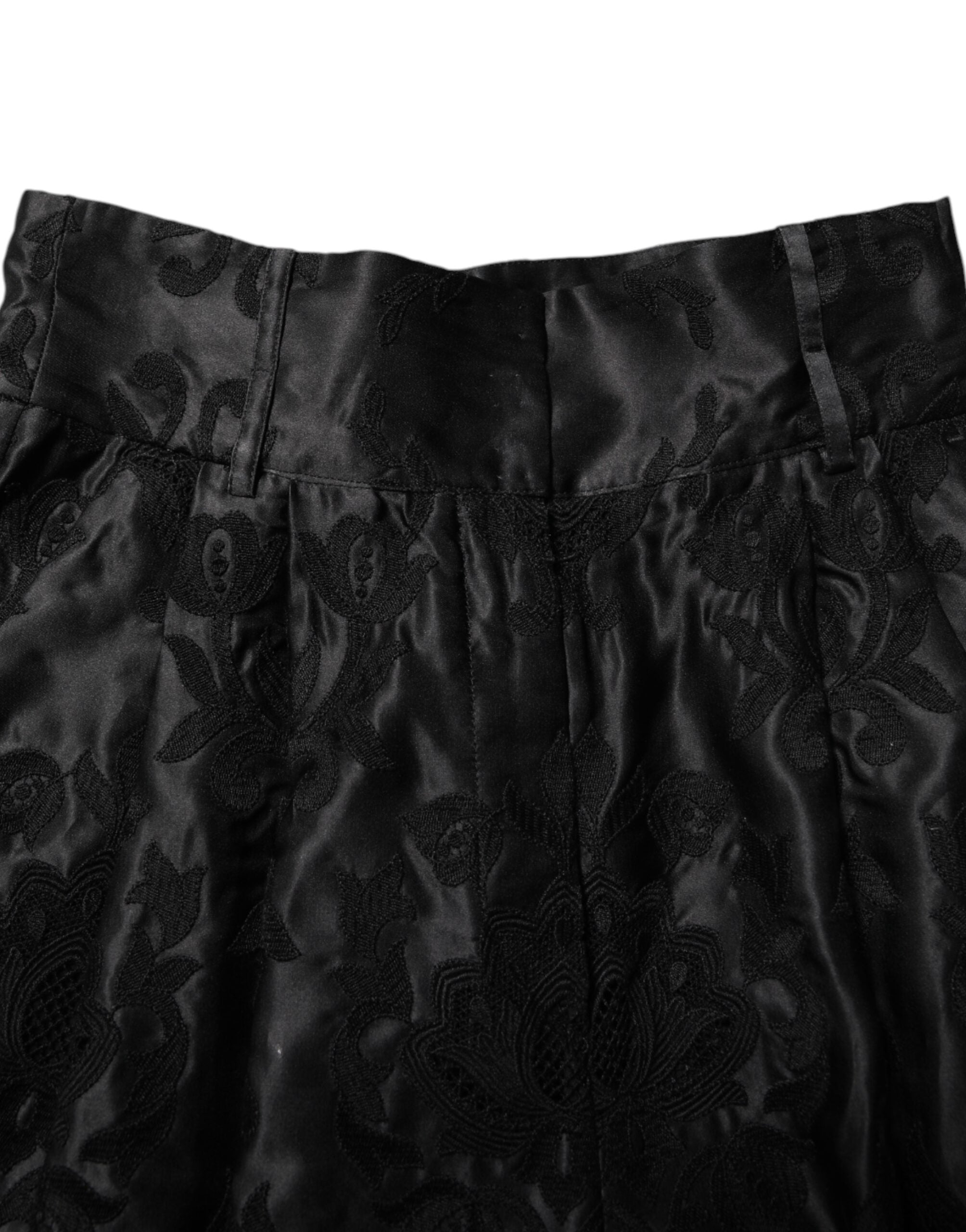 Dolce & Gabbana Black Floral Embroidery Silk High Waist Women's Shorts