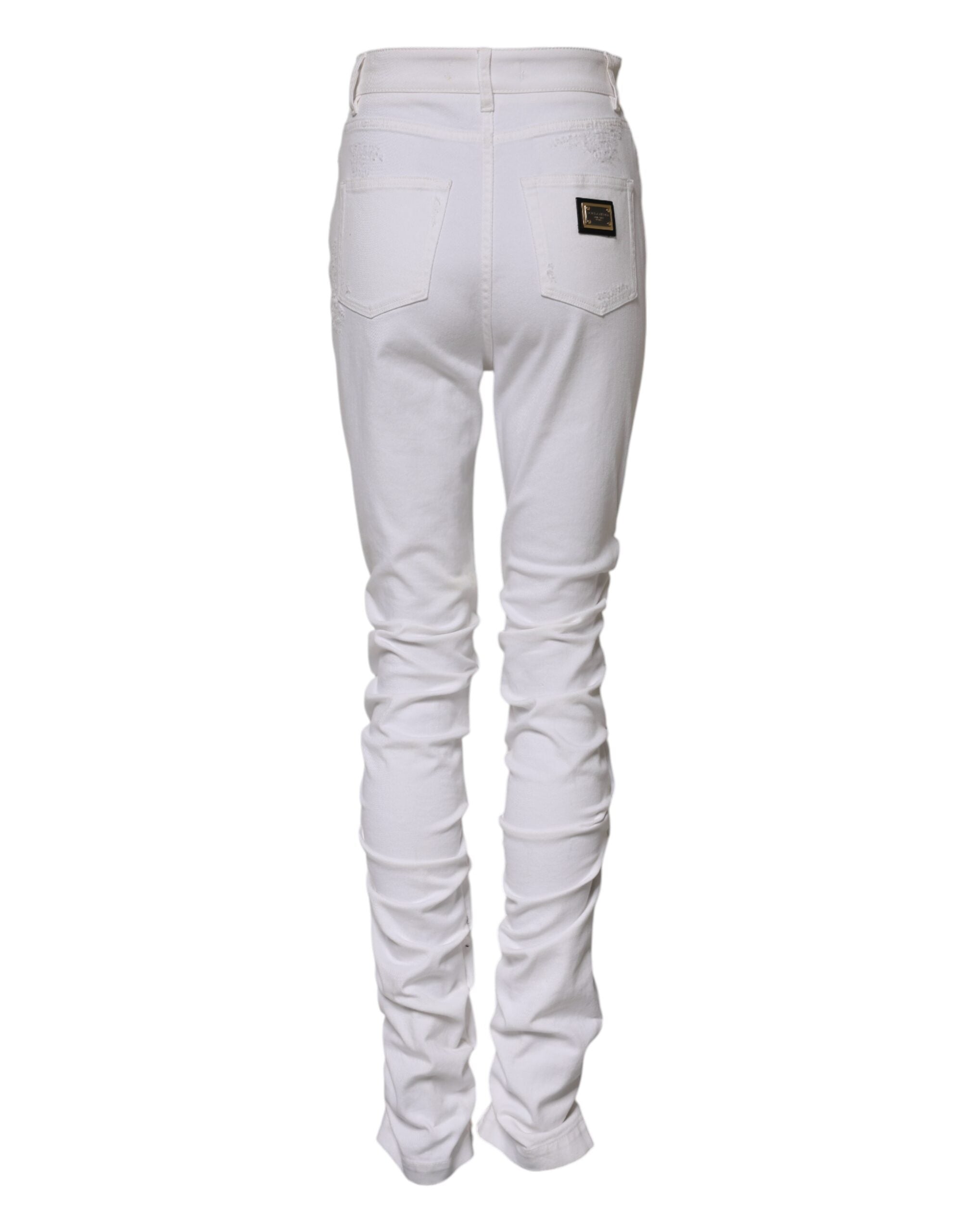 Dolce & Gabbana White Tattered Cotton High Waist Denim Women's Jeans (Pre-Owned)