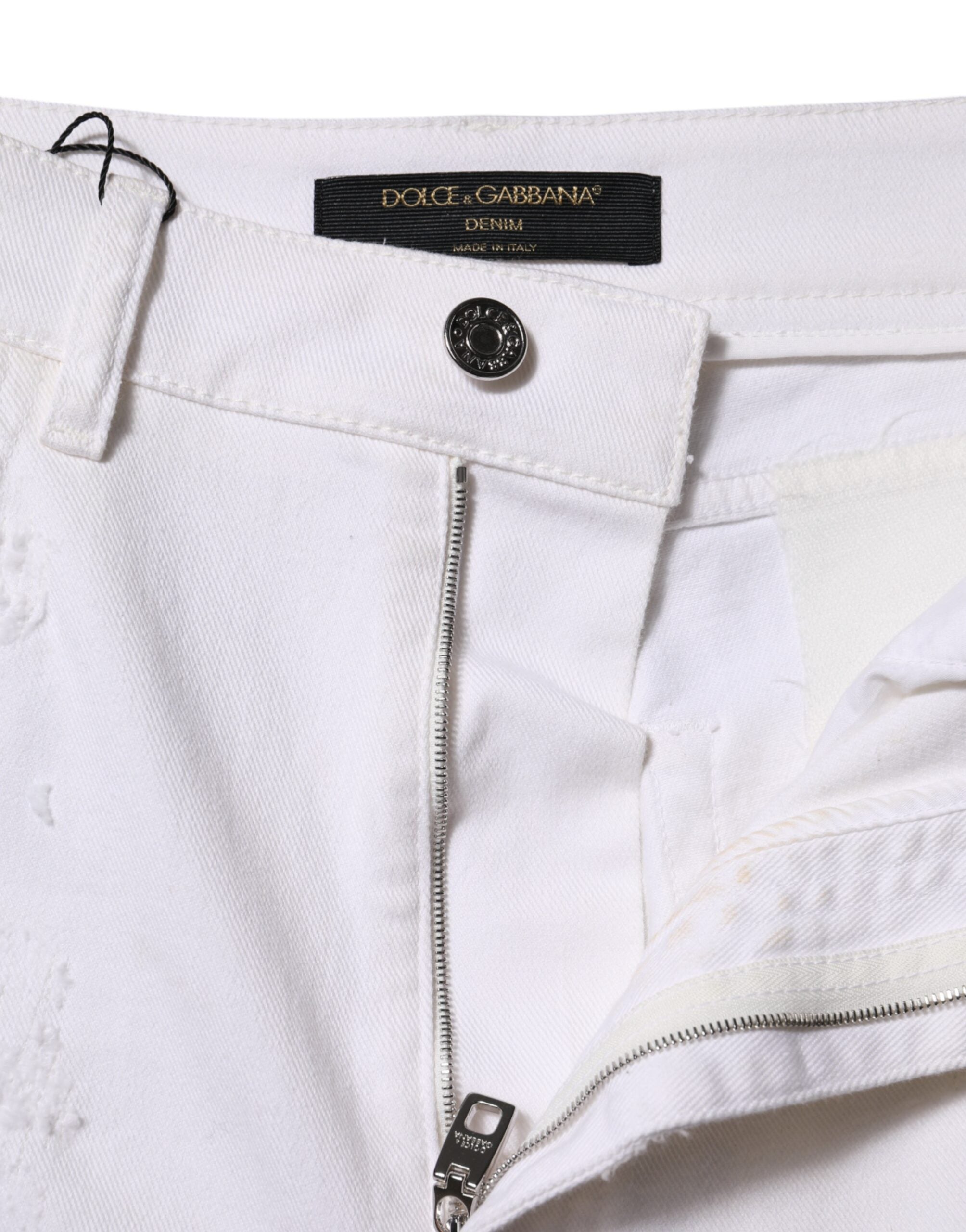Dolce & Gabbana White Tattered Cotton High Waist Denim Women's Jeans (Pre-Owned)