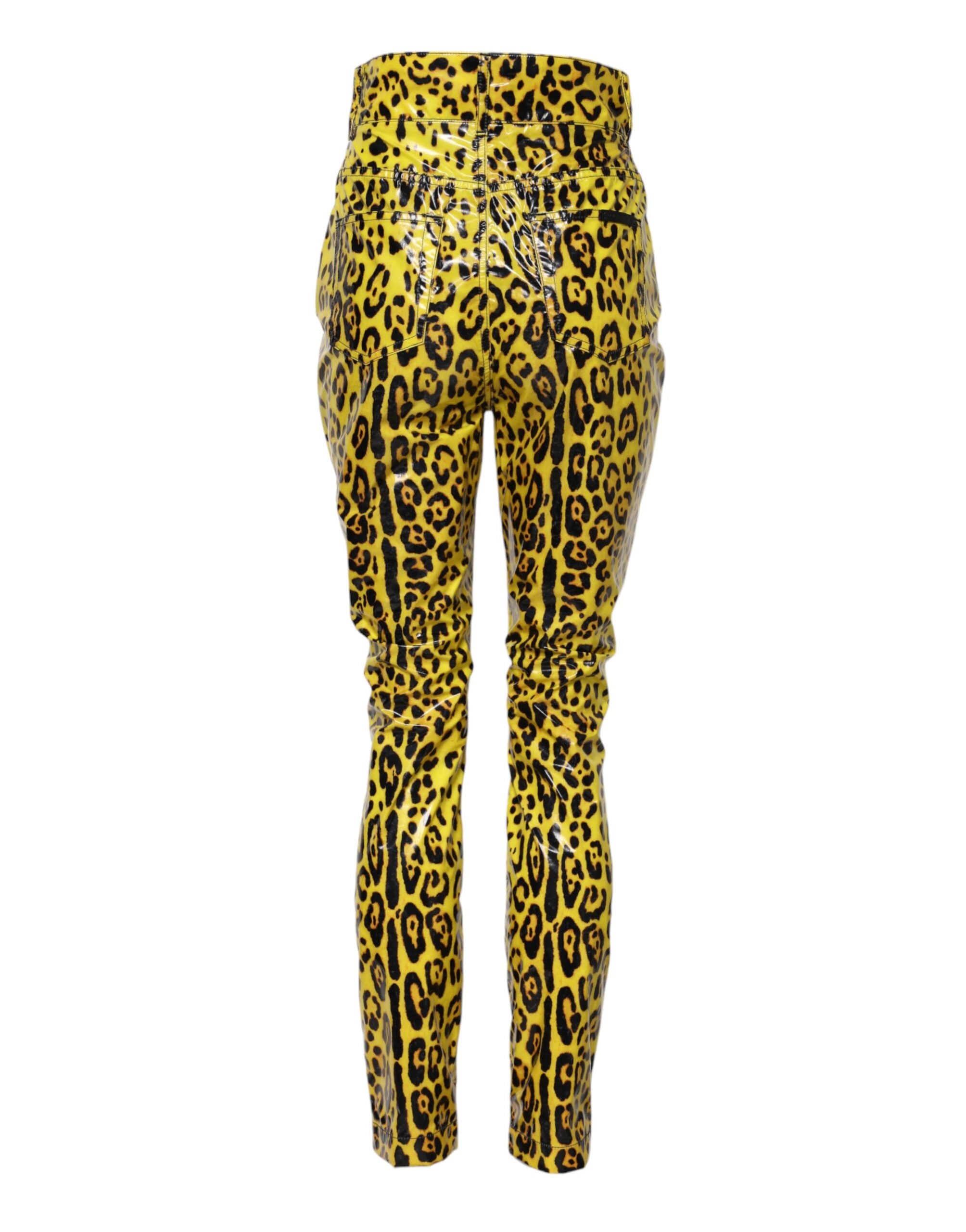 Dolce & Gabbana Yellow Leopard High Waist Slim Women's Pants (Pre-Owned)