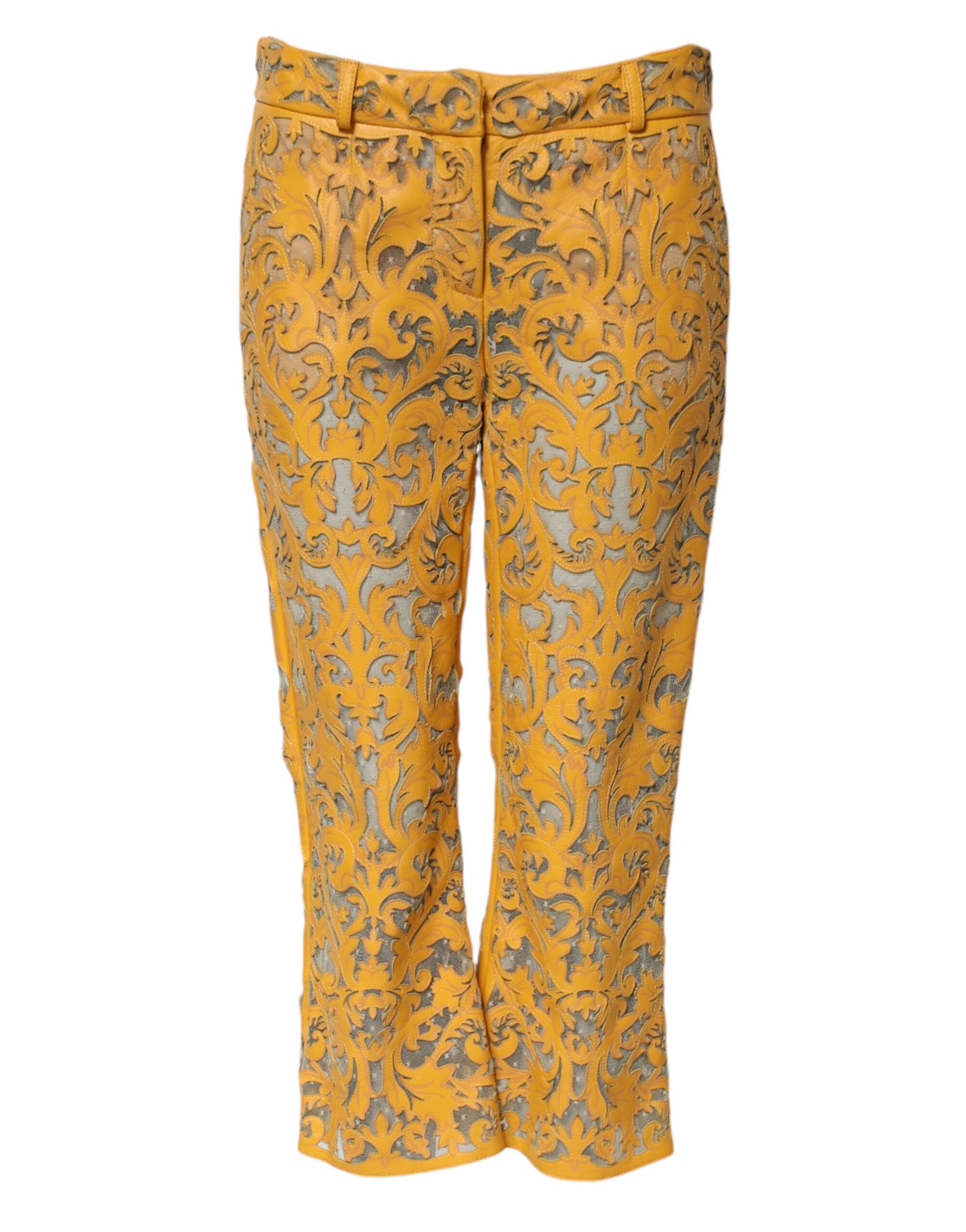 Dolce & Gabbana Yellow Floral Lace Mid Waist Capri Women's Pants