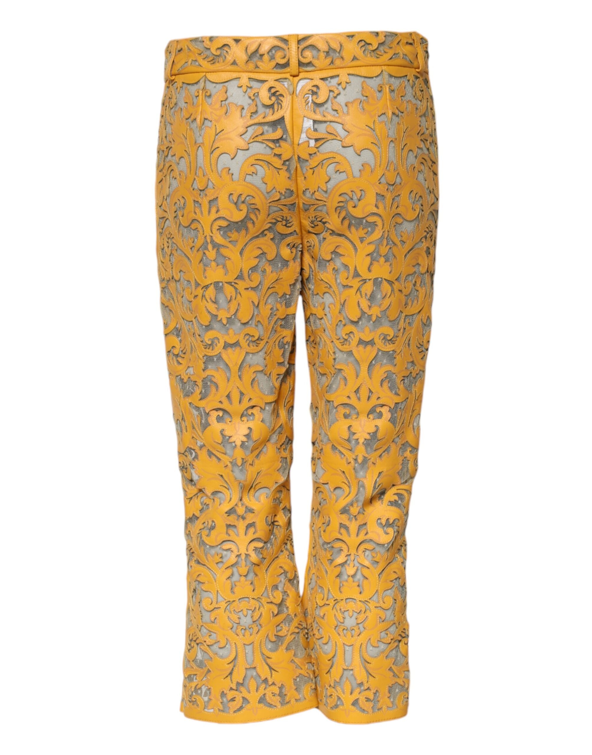 Dolce & Gabbana Yellow Floral Lace Mid Waist Capri Women's Pants